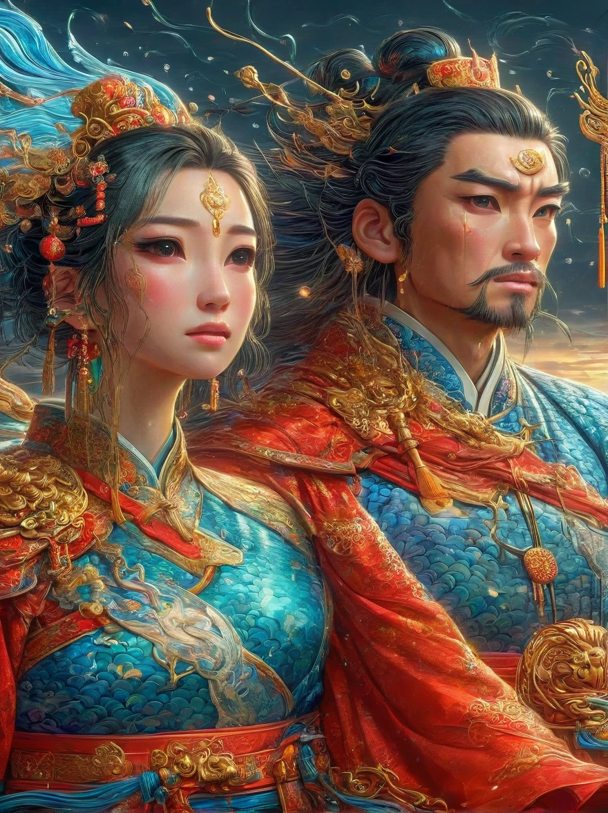 Chinese general and beautiful concubine standing by the river，Both of them had tears on their faces，Sadness and crying。((The general holds his sword to his neck:1.5))，despair，((The princess burst into tears beside him))，sad scene，downpour，Emphasizing the extent of their tragedy and the emotional depth of their farewells，traditional Chinese attire, and emotional expressions should all contribute to a vivid portrayal of their tearful, heartbreaking moment.