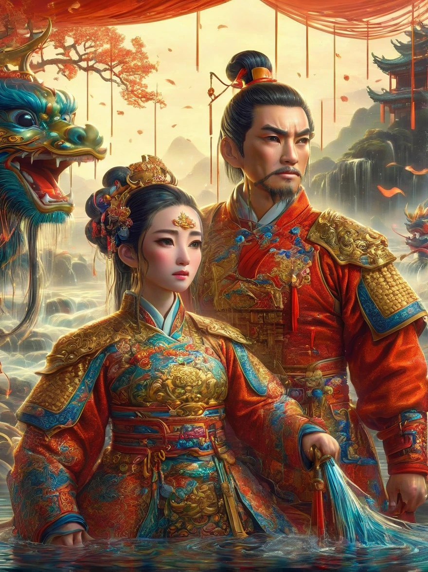 Chinese general and beautiful concubine standing by the river，Both of them had tears on their faces，Sadness and crying。((The general holds his sword to his neck:1.5))，despair，((The princess burst into tears beside him))，sad scene，downpour，Emphasizing the extent of their tragedy and the emotional depth of their farewells，traditional Chinese attire, and emotional expressions should all contribute to a vivid portrayal of their tearful, heartbreaking moment.