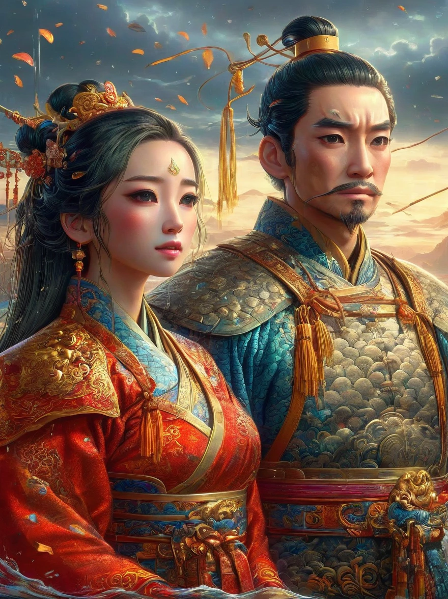 Chinese general and beautiful concubine standing by the river，Both of them had tears on their faces，Sadness and crying。((The general holds his sword to his neck:1.5))，despair，((The princess burst into tears beside him))，sad scene，downpour，Emphasizing the extent of their tragedy and the emotional depth of their farewells，traditional Chinese attire, and emotional expressions should all contribute to a vivid portrayal of their tearful, heartbreaking moment.