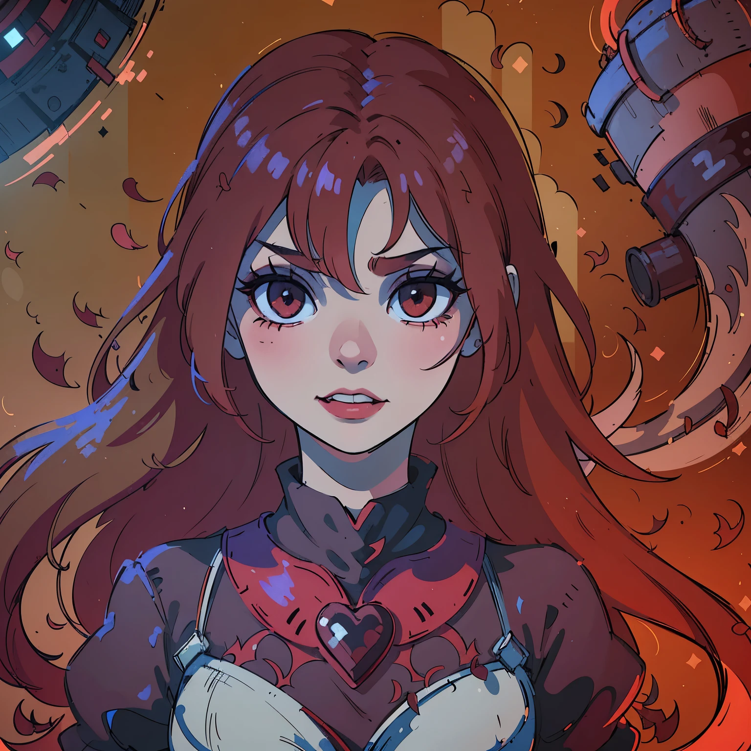 (best quality,4k,8k,highres,masterpiece:1.2),ultra-detailed,(realistic,photorealistic,photo-realistic:1.37),blood red hair,blood red eyes,extremely detailed eyes and face,lighter skin,vivid colors,dark shadows,dramatic lighting,gothic,horror,portrait,very red hair,beautiful nose,smile, Do not alter the hair fringe,Red lipstick, smile with beautiful teeth, Regular mouth not too big, A cruel genocidal villain with a sinister smile stands in a vibrant Wonderland. The girl possesses striking red hair and captivating red eyes, enhancing her beauty. She is adorned in a regal outfit befitting a princess, with a deck of hearts as her symbol. The anime-inspired art style brings out the cute yet powerful essence of the scene, emphasizing the contrast between innocence and darkness. The color scheme predominantly features shades of red, creating a visually striking and intense atmosphere. The lighting highlights the villain's face, casting mysterious shadows while illuminating their menacing grin. The artwork is of the highest quality, offering ultra-detailed and realistic visuals.