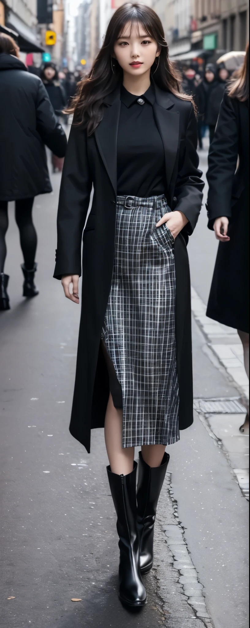 (8k, RAW photos, top quality, masterpiece: 1.2, ultra detailed, super resolution, real photos: 1.37), (Full body photo), 1 noble elegant Japanese lady, (standing contrapposte), spring season, ((black color coodinate, wearing over-size black coat, pale color plaid long skirt, black tights, wearing long boots)), Shiny, Smile, Looks like 1.8 meters tall, large pelvis, Large breasts, big cuvy hips, Thin waist, Long legs, skin hyper-detail, 20 years old, Perfect face, (Detailed facial features), Wavy hair, Daylight, spring season, center of street, crowd of people,