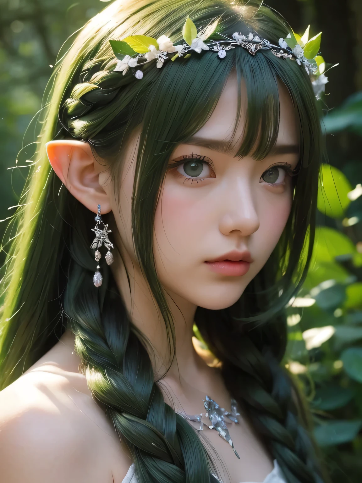 A fascinating and mysterious sorcerer emerges from the depths of a magical forest..., wears elaborate robes woven with intricate mystical symbols. Dense trees々々Soft sunlight shines in, A mysterious appearance that radiates an enchanting shine. 彼女の目は古世generationの知恵と魔法で輝いています, Delicate ivy vines and bright flowers々々々Intertwined with her flowing hair. in the background, Inhabited by mythical creatures and forest spirits,clavicle、earrings、necklace、emerald green hair、green eyes、 1 girl, delicate eyes, double eyelid,, necklace、close up of face、close up of face、20generation、all green hair、green eyes、close up of face、elf ears、serious expression、Brown headband、Braid、random pose、Doret Hair、