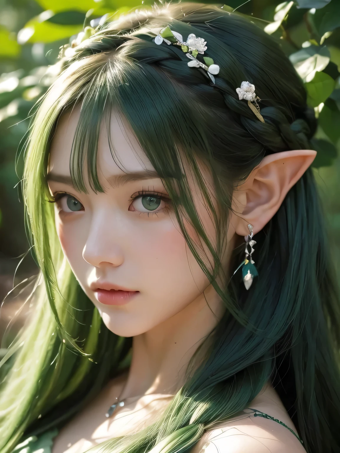 A fascinating and mysterious sorcerer emerges from the depths of a magical forest..., wears elaborate robes woven with intricate mystical symbols. Dense trees々々Soft sunlight shines in, A mysterious appearance that radiates an enchanting shine. 彼女の目は古世generationの知恵と魔法で輝いています, Delicate ivy vines and bright flowers々々々Intertwined with her flowing hair. in the background, Inhabited by mythical creatures and forest spirits,clavicle、earrings、necklace、emerald green hair、green eyes、 1 girl, delicate eyes, double eyelid,, necklace、close up of face、close up of face、20generation、all green hair、green eyes、close up of face、elf ears、serious expression、Brown headband、Braid、random pose、Doret Hair、