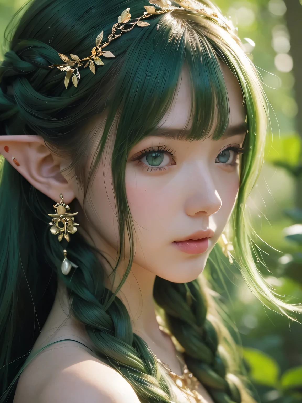 A fascinating and mysterious sorcerer emerges from the depths of a magical forest..., wears elaborate robes woven with intricate mystical symbols. Dense trees々々Soft sunlight shines in, A mysterious appearance that radiates an enchanting shine. 彼女の目は古世generationの知恵と魔法で輝いています, Delicate ivy vines and bright flowers々々々Intertwined with her flowing hair. in the background, Inhabited by mythical creatures and forest spirits,clavicle、earrings、necklace、emerald green hair、green eyes、 1 girl, delicate eyes, double eyelid,, necklace、close up of face、close up of face、２０generation、all green hair、green eyes、close up of face、elf ears、serious expression、Brown headband、Braid、random pose、Doret Hair、