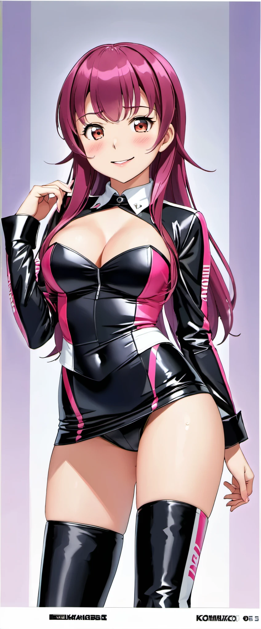 High resolution, adult woman , good lighting, despicable, , (No nudity), (((Race queen tight skirt uniform))), (()), (((leather thigh high boots))), (garter belt), abdomen only, (wet shorts), , cute face, I'm embarrassed and blush, humiliating, ((spread your legs)), ((mini skirt))((sit))(T-back)(race track)