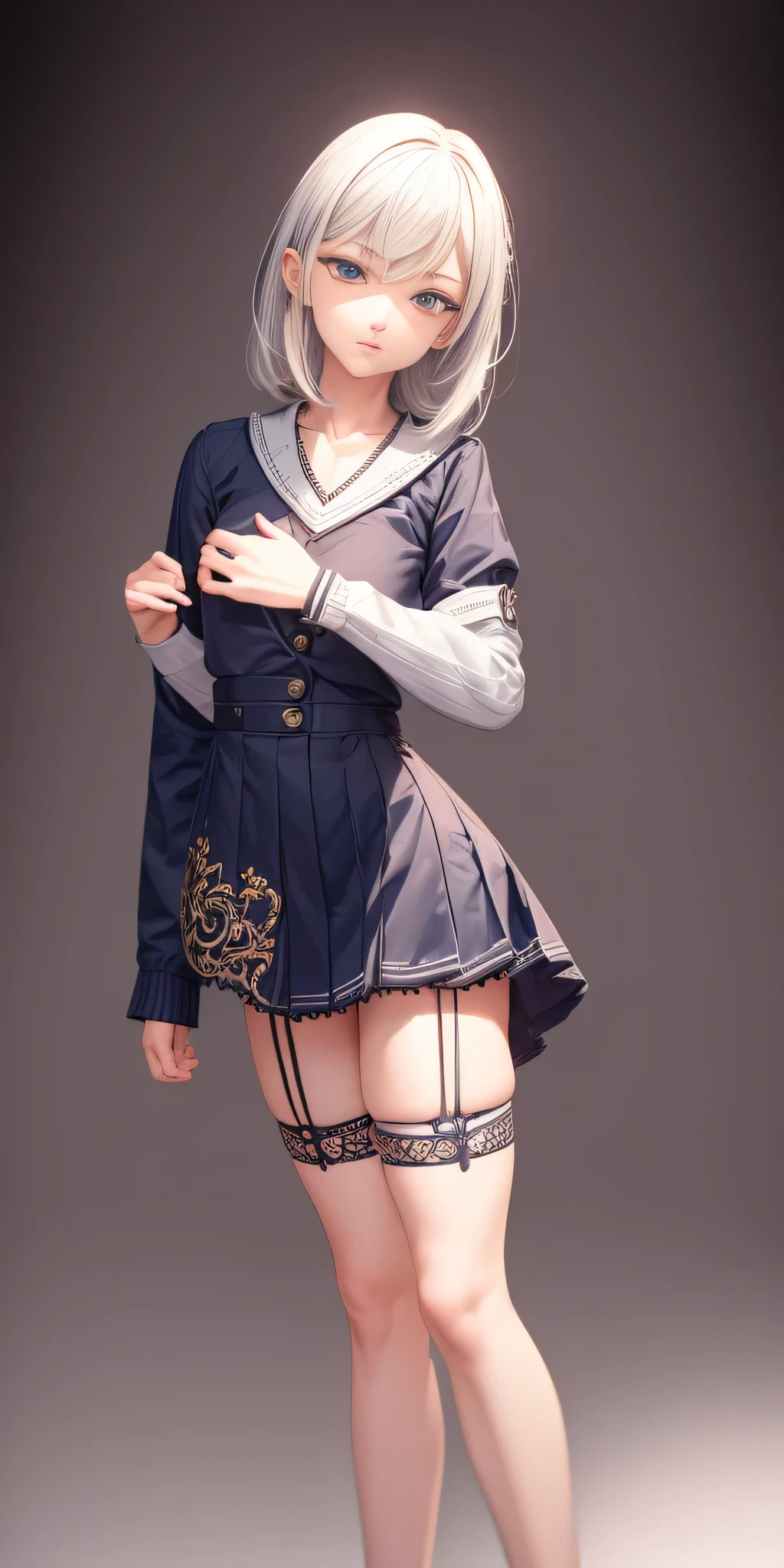 all intricate details: "1 female only 18 years old, ((Best quality)), ((Masterpiece)), full body, slim build, Looking_at_viewer, Dynamic Angle, short , V-neck, Cute, light facial skin, Leg up, Thigh Strap, ((Intricate details throughout image, high contrast,))), ((Random Pose)), NSFW