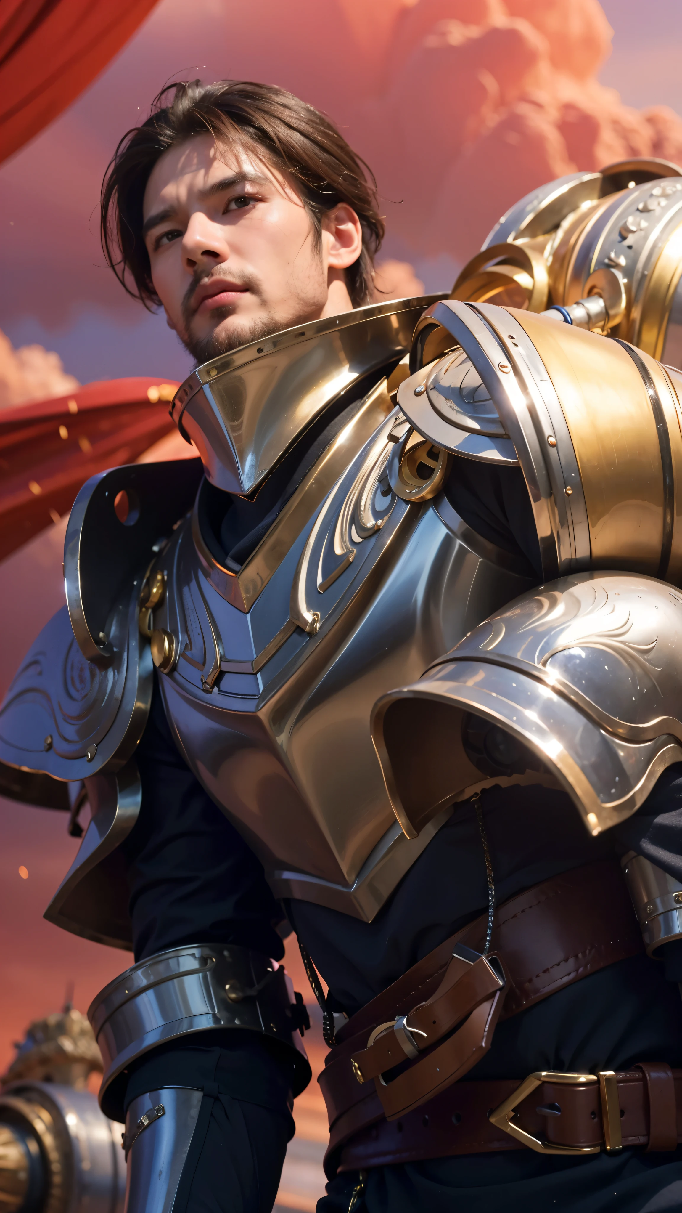 (best quality,4k,8k,highres,masterpiece:1.2),ultra-detailed,(realistic,photorealistic,photo-realistic:1.37),a close up of a man in armor,extremely detailed artgerm,artgerm detailed,high detail,brown hair,shiny armor,ornate helmet,scratched metal,reflection in the visor,sharp features,focused eyes,stern expression,rough texture,gleaming sword,tall plume on the helmet,sturdy shoulder plates,strong muscular build,commanding presence,dramatic lighting,vivid colors,heroic posture,background of a medieval battlefield,smoke and fire in the distance,battle scars on the armor,unique engravings on the armor,attention to facial hair,stern expression,heavy shadowing,attention to facial features,subtle highlights on the hair.