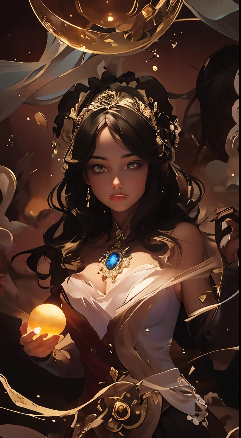 all the planets of the universe all the flowers of the sea all the beauty of this glowing earth for one to old to see. In the midst of a rococo-inspired mysterious singularity event in a still, beautiful woman perfect four fingers, swirls of ethereal mist dance around a suspended crystal orb emitting a soft, pulsating light. This enigmatic scene is captured in a vividly detailed painting, showcasing intricate brushwork and rich, vibrant colors. The orb itself exudes an otherworldly luminosity, casting a mesmerizing glow that seems to transcend the confines of the canvas. Surrounding the orb, delicate tendrils of energy reach out like spectral fingers, creating an atmosphere of supernatural wonder and intrigue. The overall effect is one of awe-inspiring beauty and mystique, drawing the viewer into a realm where magic and science intertwine in perfect harmony.