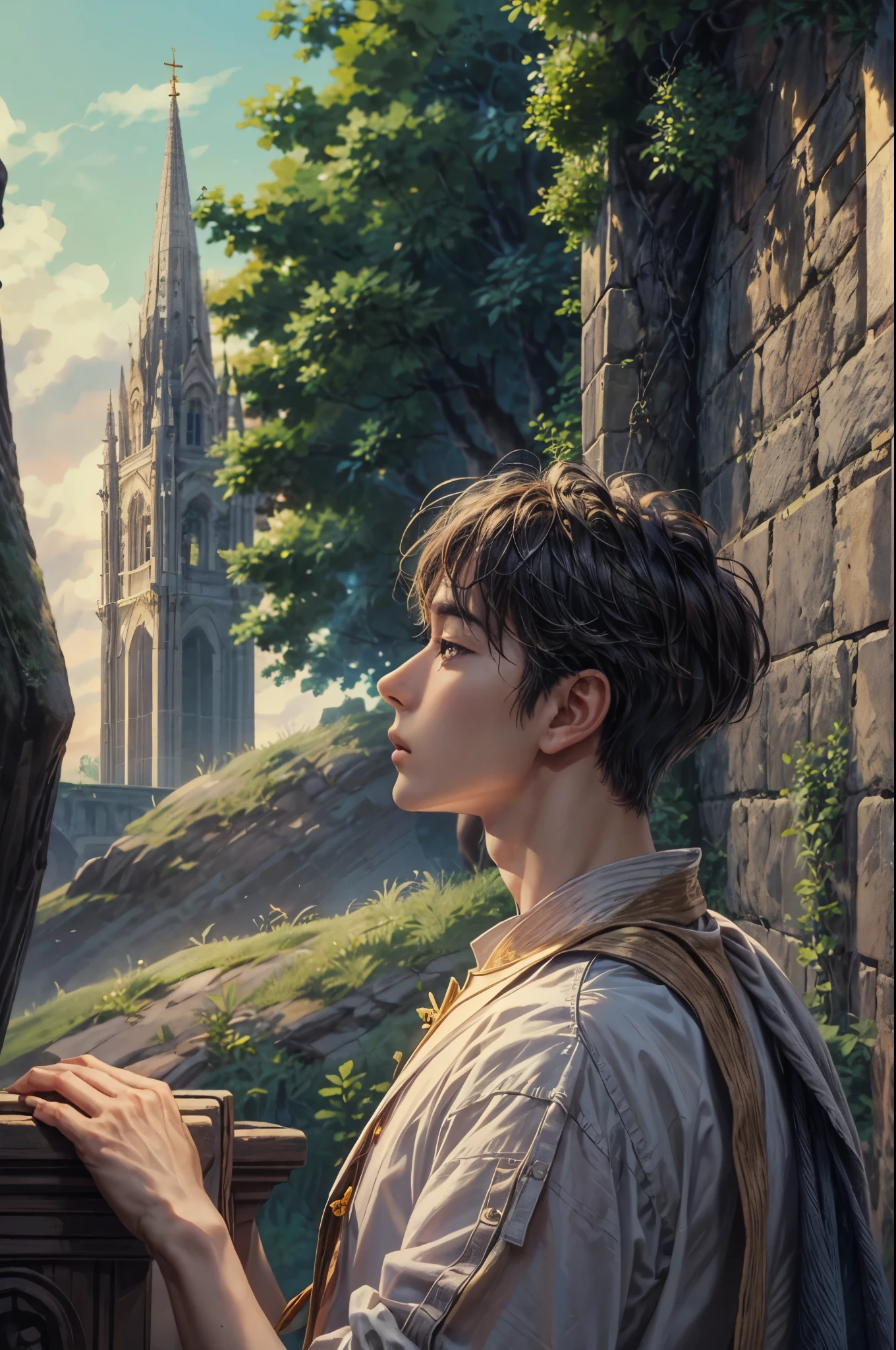 ((Best quality)), ((masterpiece)), (detailed), ((perfect face)), ((face focus)) Amidst a tranquil church, a handsome young korean boy and short hair, resides in a cozy cathedral beside the beach, where he channels his creative energy into capturing the enchanting harmony between church and his inner world beach. As day turns to night, the moonlight envelops his canvas, revealing a breathtaking masterpiece that embodies the essence of his soul's journey and the beauty he discovers within himself."