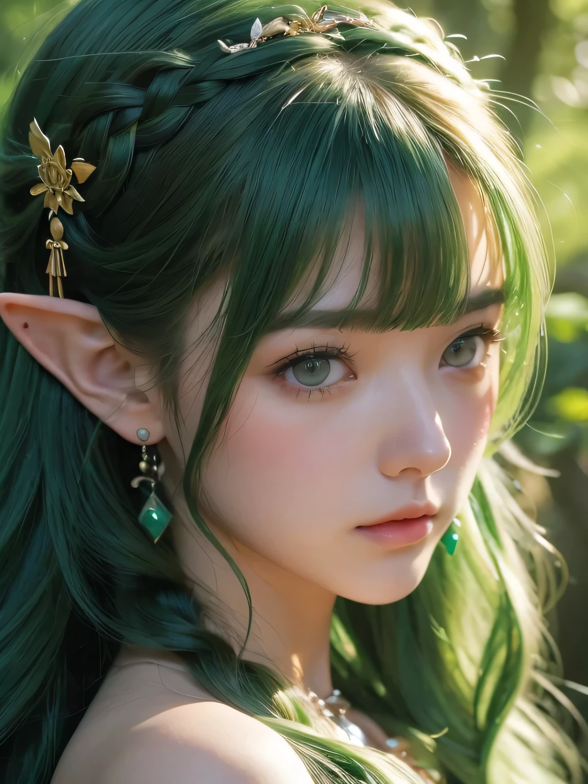A fascinating and mysterious sorcerer emerges from the depths of a magical forest..., wears elaborate robes woven with intricate mystical symbols. Dense trees々々Soft sunlight shines in, A mysterious appearance that radiates an enchanting shine. 彼女の目は古世generationの知恵と魔法で輝いています, Delicate ivy vines and bright flowers々々々Intertwined with her flowing hair. in the background, Inhabited by mythical creatures and forest spirits,clavicle、earrings、necklace、emerald green hair、green eyes、 1 girl, delicate eyes, double eyelid,, necklace、close up of face、close up of face、２０generation、all green hair、green eyes、close up of face、elf ears、serious expression、Brown headband、Braid、random pose、naganami、