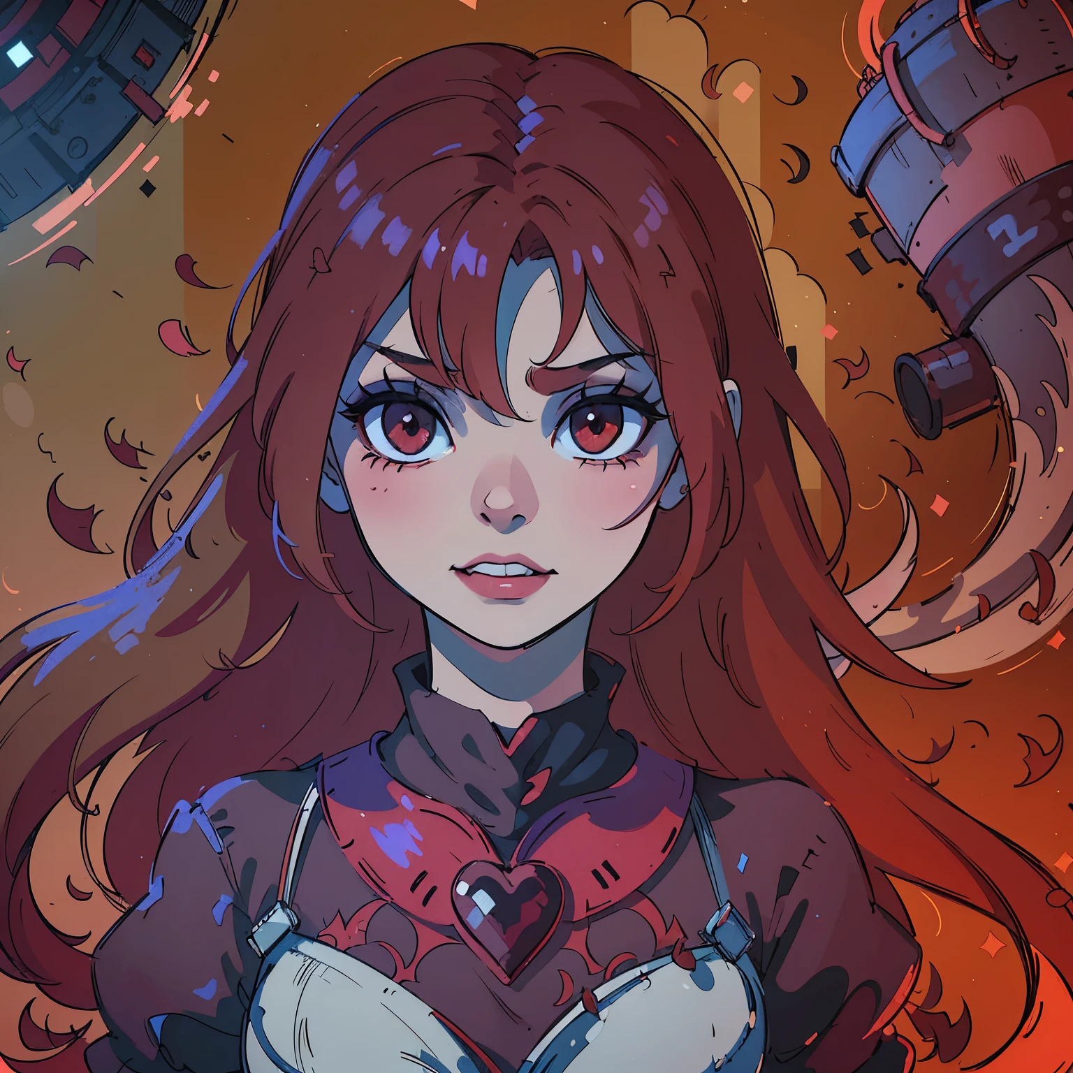 (best quality,4k,8k,highres,masterpiece:1.2),ultra-detailed,(realistic,photorealistic,photo-realistic:1.37),blood red hair,blood red eyes,extremely detailed eyes and face,lighter skin,vivid colors,dark shadows,dramatic lighting,gothic,horror,portrait,very red hair,beautiful nose,smile, Do not alter the hair fringe,Red lipstick, smile with beautiful teeth, Regular mouth not too big, A cruel genocidal villain with a sinister smile stands in a vibrant Wonderland. The girl possesses striking red hair and captivating red eyes, enhancing her beauty. She is adorned in a regal outfit befitting a princess, with a deck of hearts as her symbol. The anime-inspired art style brings out the cute yet powerful essence of the scene, emphasizing the contrast between innocence and darkness. The color scheme predominantly features shades of red, creating a visually striking and intense atmosphere. The lighting highlights the villain's face, casting mysterious shadows while illuminating their menacing grin. The artwork is of the highest quality, offering ultra-detailed and realistic visuals.