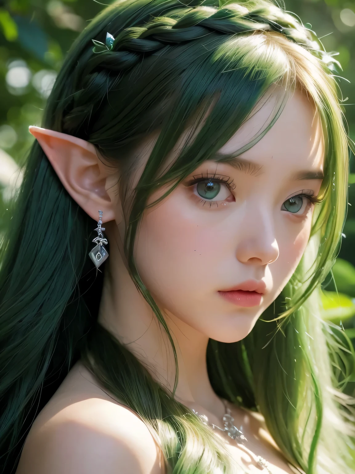 A fascinating and mysterious sorcerer emerges from the depths of a magical forest..., wears elaborate robes woven with intricate mystical symbols. Dense trees々々Soft sunlight shines in, A mysterious appearance that radiates an enchanting shine. 彼女の目は古世generationの知恵と魔法で輝いています, Delicate ivy vines and bright flowers々々々Intertwined with her flowing hair. in the background, Inhabited by mythical creatures and forest spirits,clavicle、earrings、necklace、emerald green hair、green eyes、 1 girl, delicate eyes, double eyelid,, necklace、close up of face、close up of face、20generation、all green hair、green eyes、close up of face、elf ears、serious expression、Brown headband、Braid、random pose、naganami、