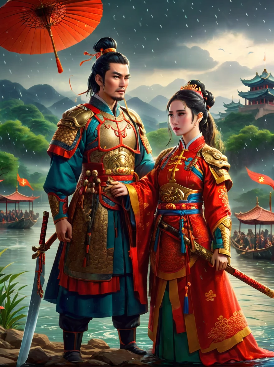 Chinese general and beautiful concubine standing by the river，Both of them had tears on their faces，Sadness and crying。((The general holds his sword to his neck:1.5))，despair，((The princess burst into tears beside him))，sad scene，downpour，Emphasizing the extent of their tragedy and the emotional depth of their farewells，traditional Chinese attire, and emotional expressions should all contribute to a vivid portrayal of their tearful, heartbreaking moment.