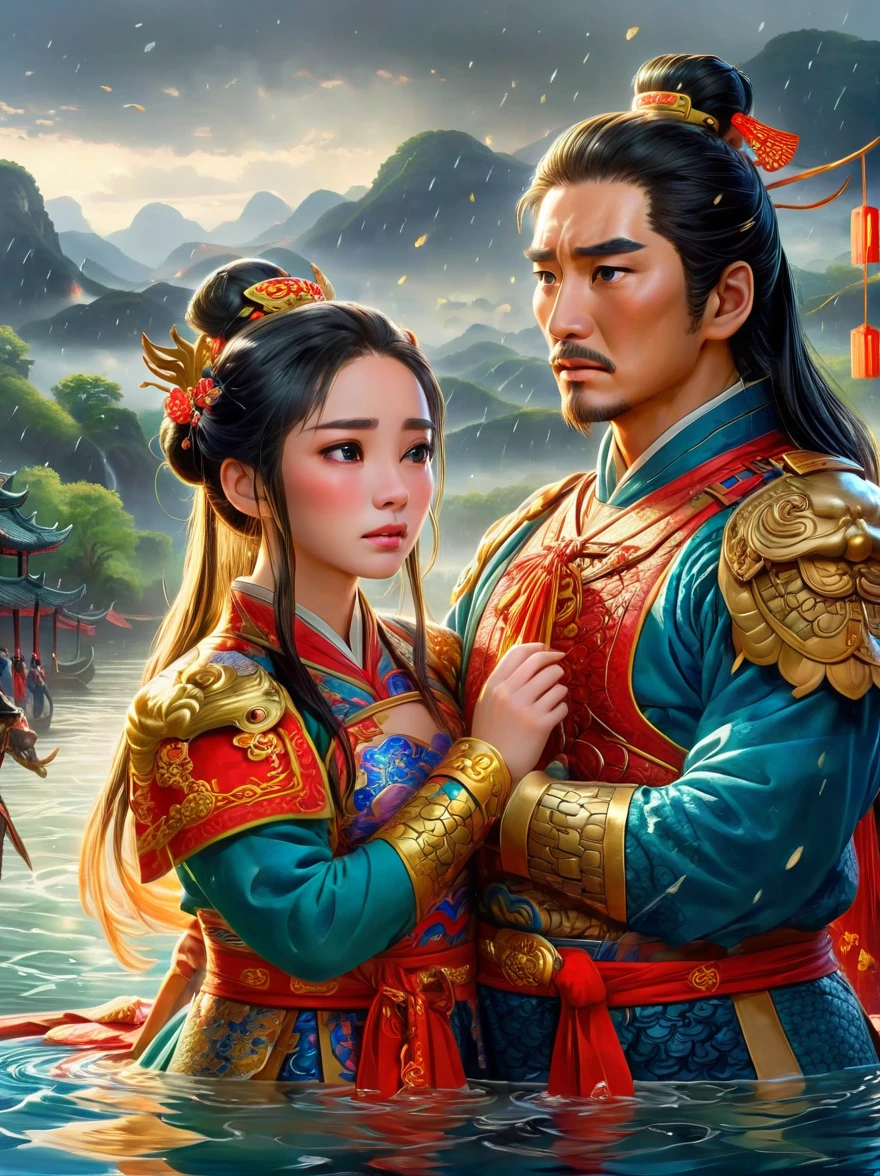 Chinese general and beautiful concubine standing by the river，Both of them had tears on their faces，Sadness and crying。((The general holds his sword to his neck:1.5))，despair，((The princess burst into tears beside him))，sad scene，downpour，Emphasizing the extent of their tragedy and the emotional depth of their farewells，traditional Chinese attire, and emotional expressions should all contribute to a vivid portrayal of their tearful, heartbreaking moment.