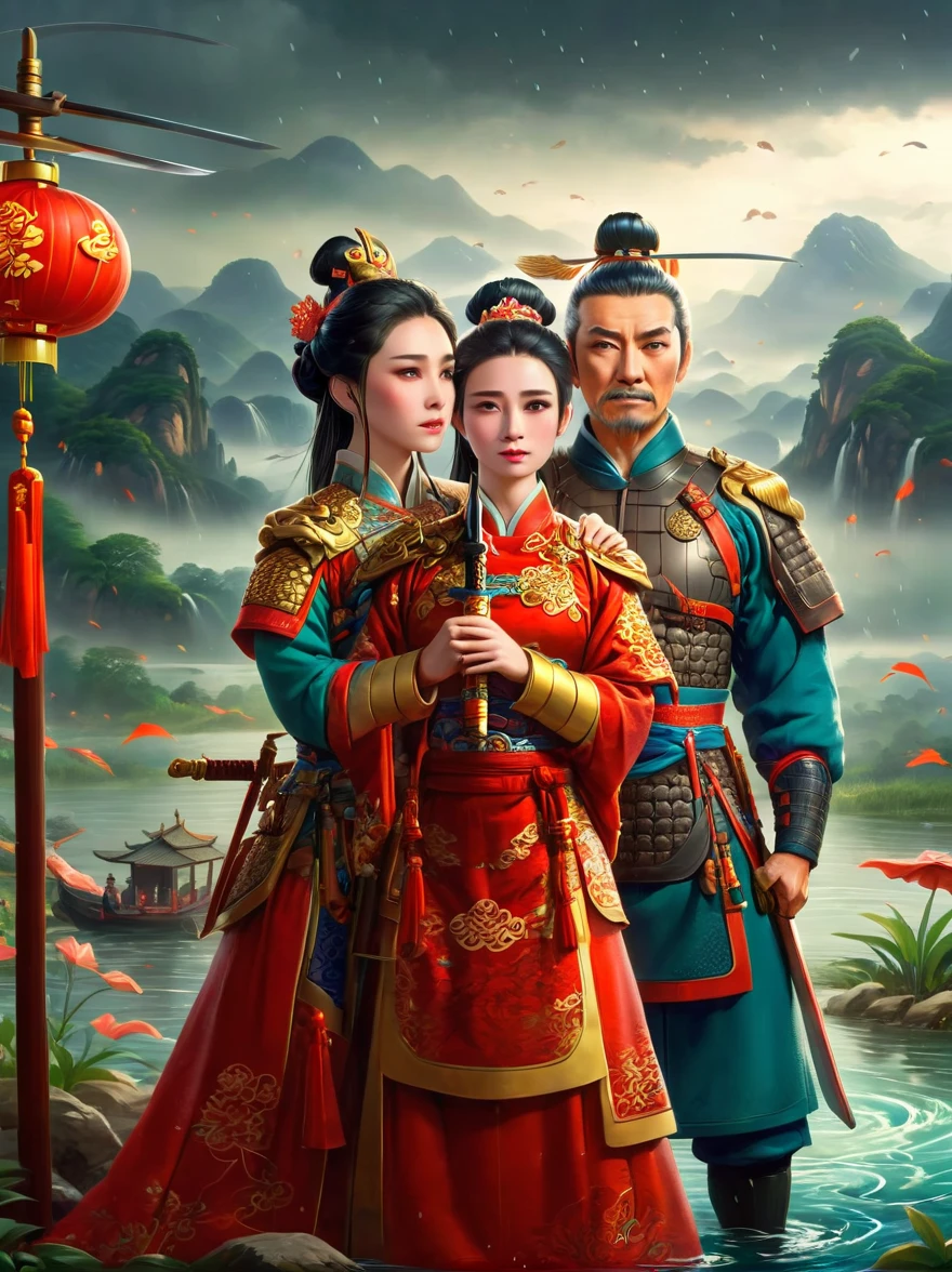 Chinese general and beautiful concubine standing by the river，Both of them had tears on their faces，Sadness and crying。((The general holds his sword to his neck:1.5))，despair，((The princess burst into tears beside him))，sad scene，downpour，Emphasizing the extent of their tragedy and the emotional depth of their farewells，traditional Chinese attire, and emotional expressions should all contribute to a vivid portrayal of their tearful, heartbreaking moment.