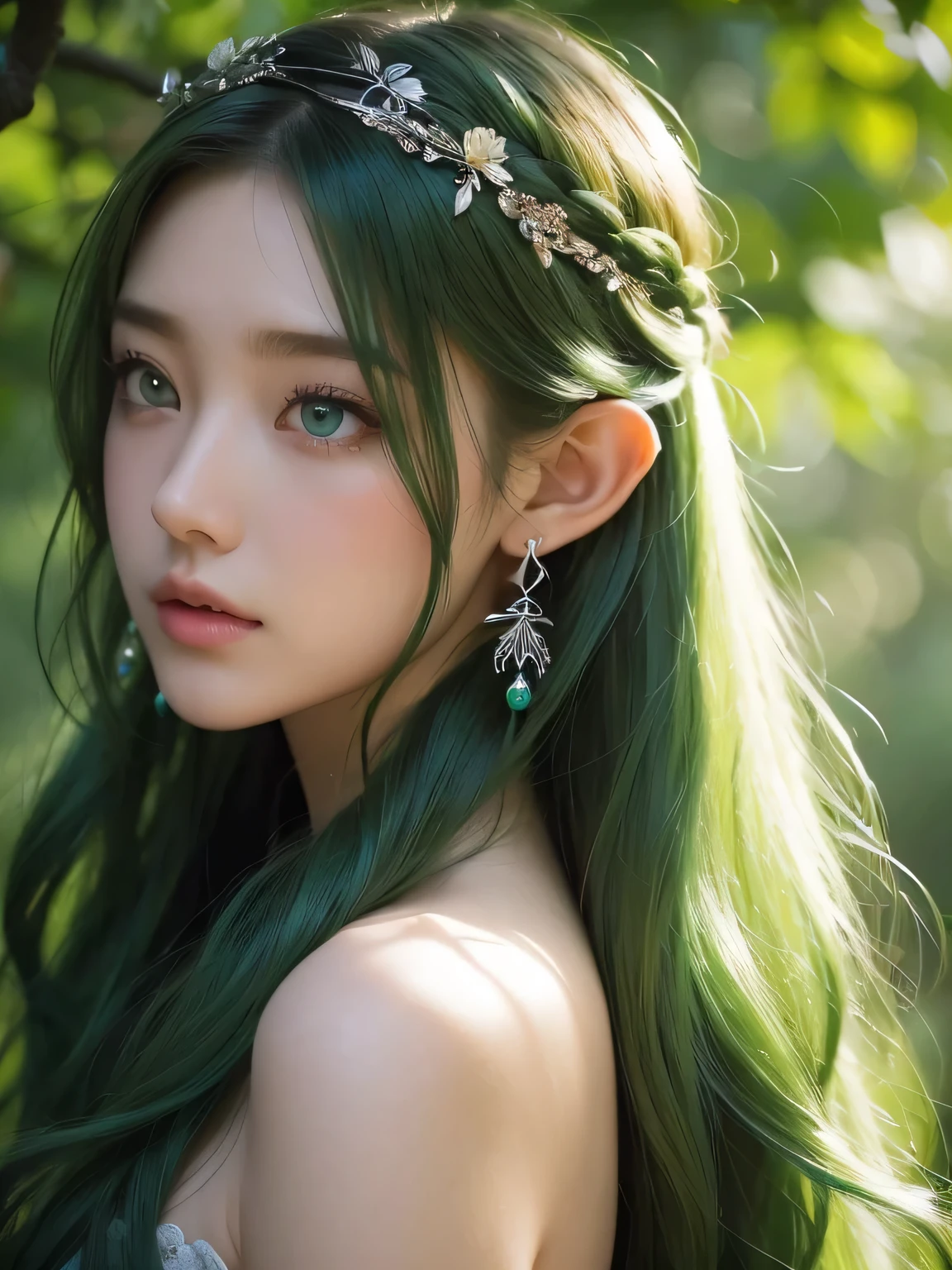 A fascinating and mysterious sorcerer emerges from the depths of a magical forest..., wears elaborate robes woven with intricate mystical symbols. Dense trees々々Soft sunlight shines in, A mysterious appearance that radiates an enchanting shine. 彼女の目は古世generationの知恵と魔法で輝いています, Delicate ivy vines and bright flowers々々々Intertwined with her flowing hair. in the background, Inhabited by mythical creatures and forest spirits,clavicle、earrings、necklace、emerald green hair、green eyes、 1 girl, delicate eyes, double eyelid,, necklace、close up of face、close up of face、20generation、all green hair、green eyes、close up of face、elf ears、serious expression、Brown headband、Braid、random pose、naganami、