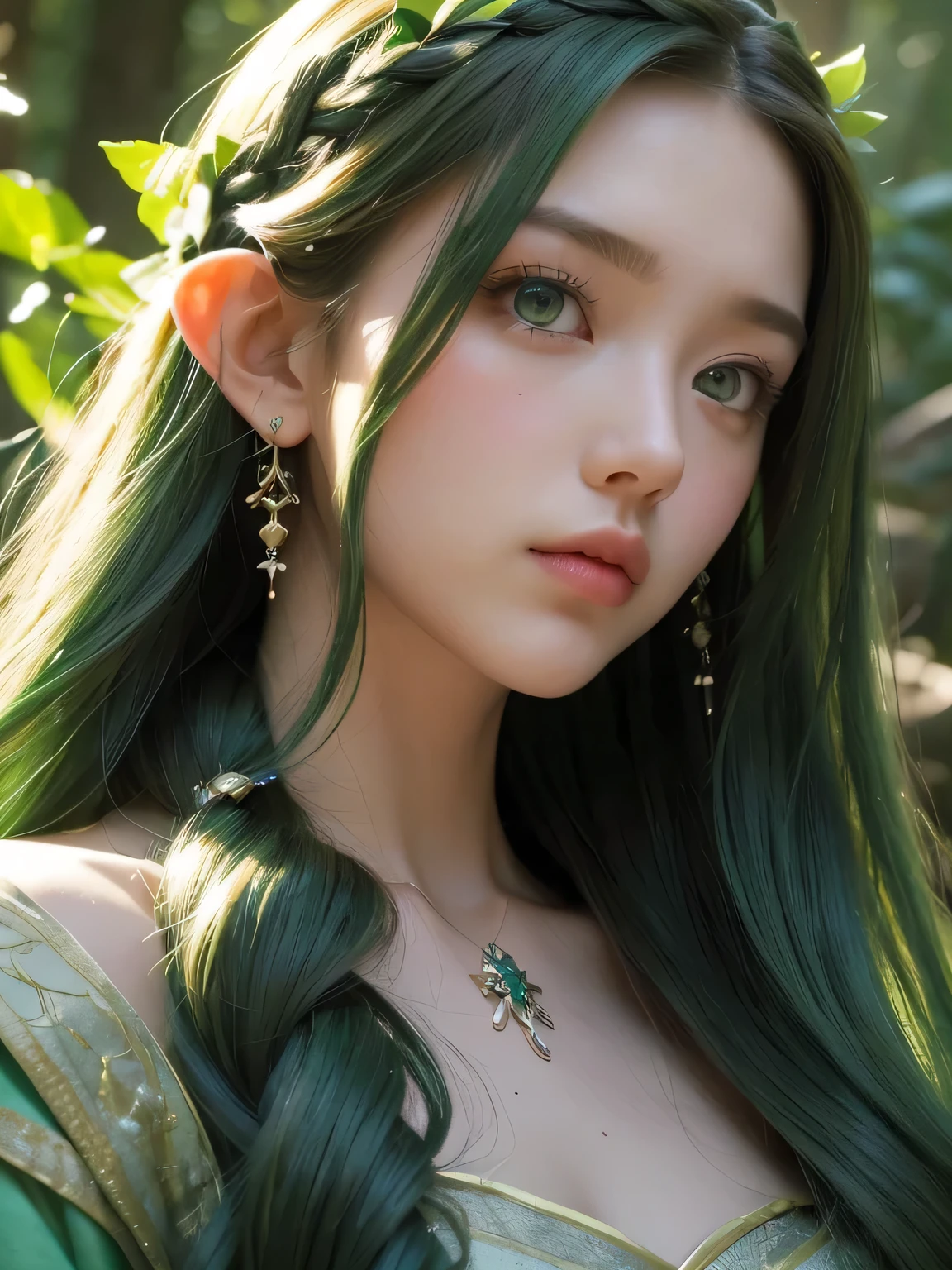 A fascinating and mysterious sorcerer emerges from the depths of a magical forest..., wears elaborate robes woven with intricate mystical symbols. Dense trees々々Soft sunlight shines in, A mysterious appearance that radiates an enchanting shine. 彼女の目は古世generationの知恵と魔法で輝いています, Delicate ivy vines and bright flowers々々々Intertwined with her flowing hair. in the background, Inhabited by mythical creatures and forest spirits,clavicle、earrings、necklace、emerald green hair、green eyes、 1 girl, delicate eyes, double eyelid,, necklace、close up of face、close up of face、20generation、all green hair、green eyes、close up of face、elf ears、serious expression、Brown headband、Braid、random pose、naganami、