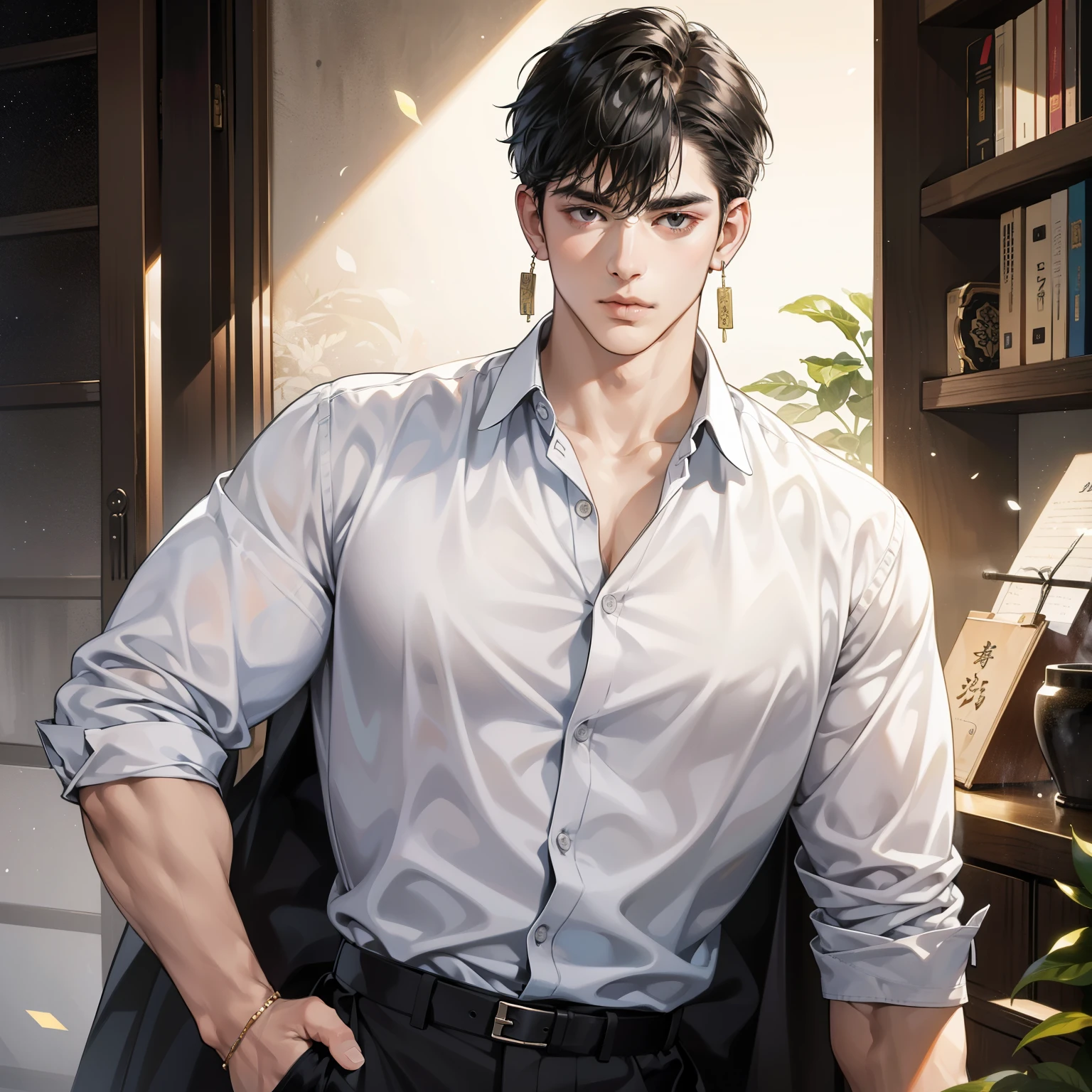 (best quality, realistic:1.37): This image captures a handsome young man in high school, with short black hair that cascades down to form curtain bangs. His deep-set black eyes are framed by thick eyebrows, adding to his striking features. He is shown wearing a pristine white shirt and black pants, which fit him perfectly. Towering over those around him, he is also adorned with omamori earrings, adding a touch of personality to his appearance. The ultra-detailed and realistic image is further enhanced by the use of HDR, revealing every intricate texture and tone.