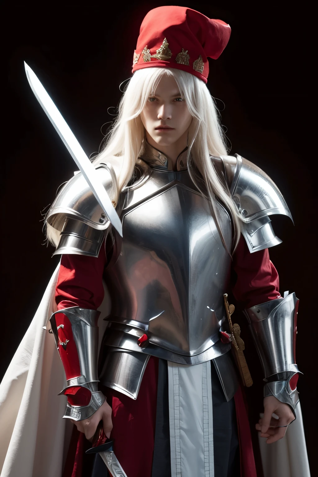 A long-haired male albino knight, Wearing heavy armor,Wearing a red hat,Holding a long sword
