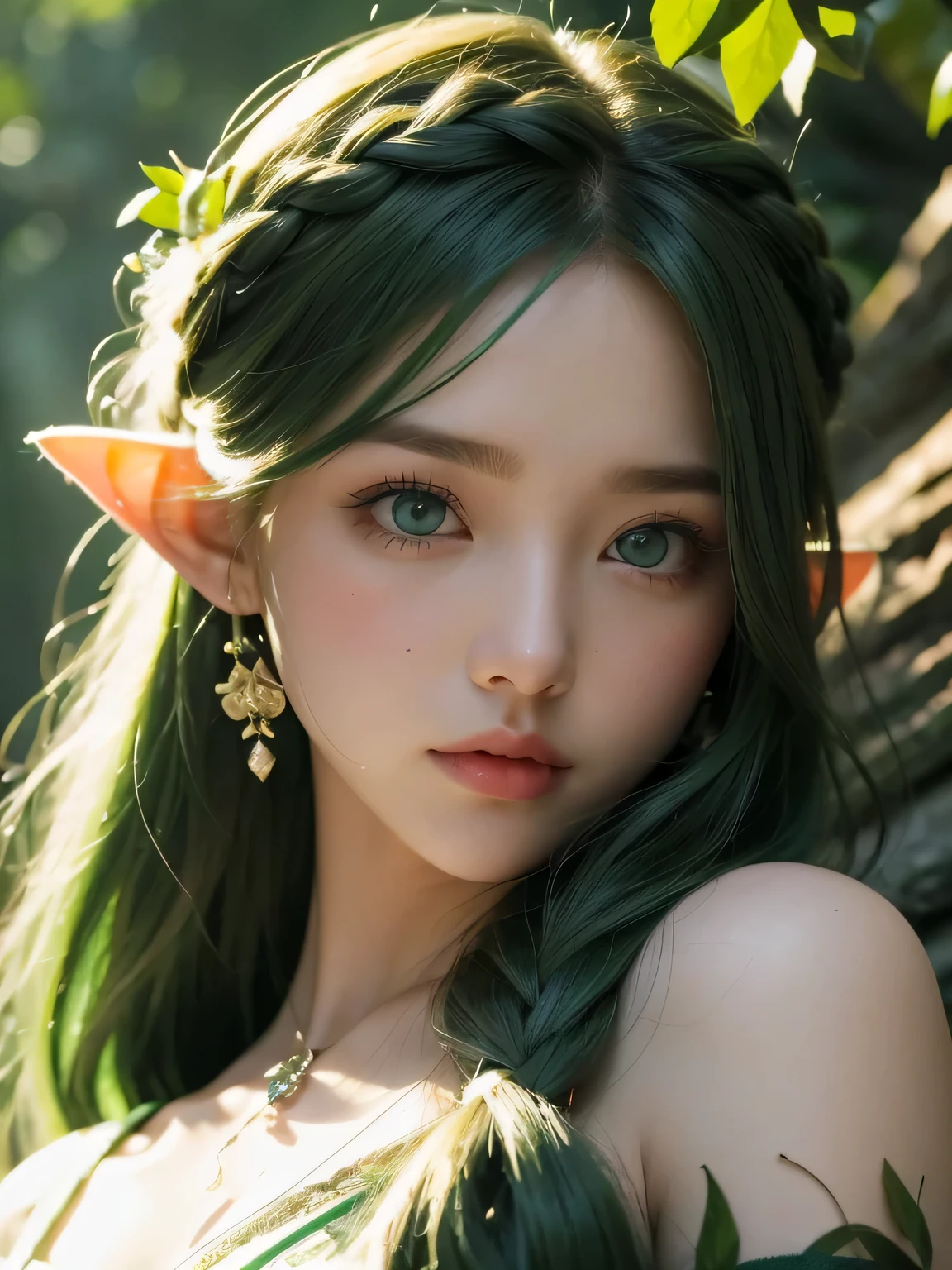 A fascinating and mysterious sorcerer emerges from the depths of a magical forest..., wears elaborate robes woven with intricate mystical symbols. Dense trees々々Soft sunlight shines in, A mysterious appearance that radiates an enchanting shine. 彼女の目は古世generationの知恵と魔法で輝いています, Delicate ivy vines and bright flowers々々々Intertwined with her flowing hair. in the background, Inhabited by mythical creatures and forest spirits,clavicle、earrings、necklace、emerald green hair、green eyes、 1 girl, delicate eyes, double eyelid,, necklace、close up of face、close up of face、20generation、all green hair、green eyes、close up of face、elf ears、serious expression、Brown headband、Braid、random pose、naganami、