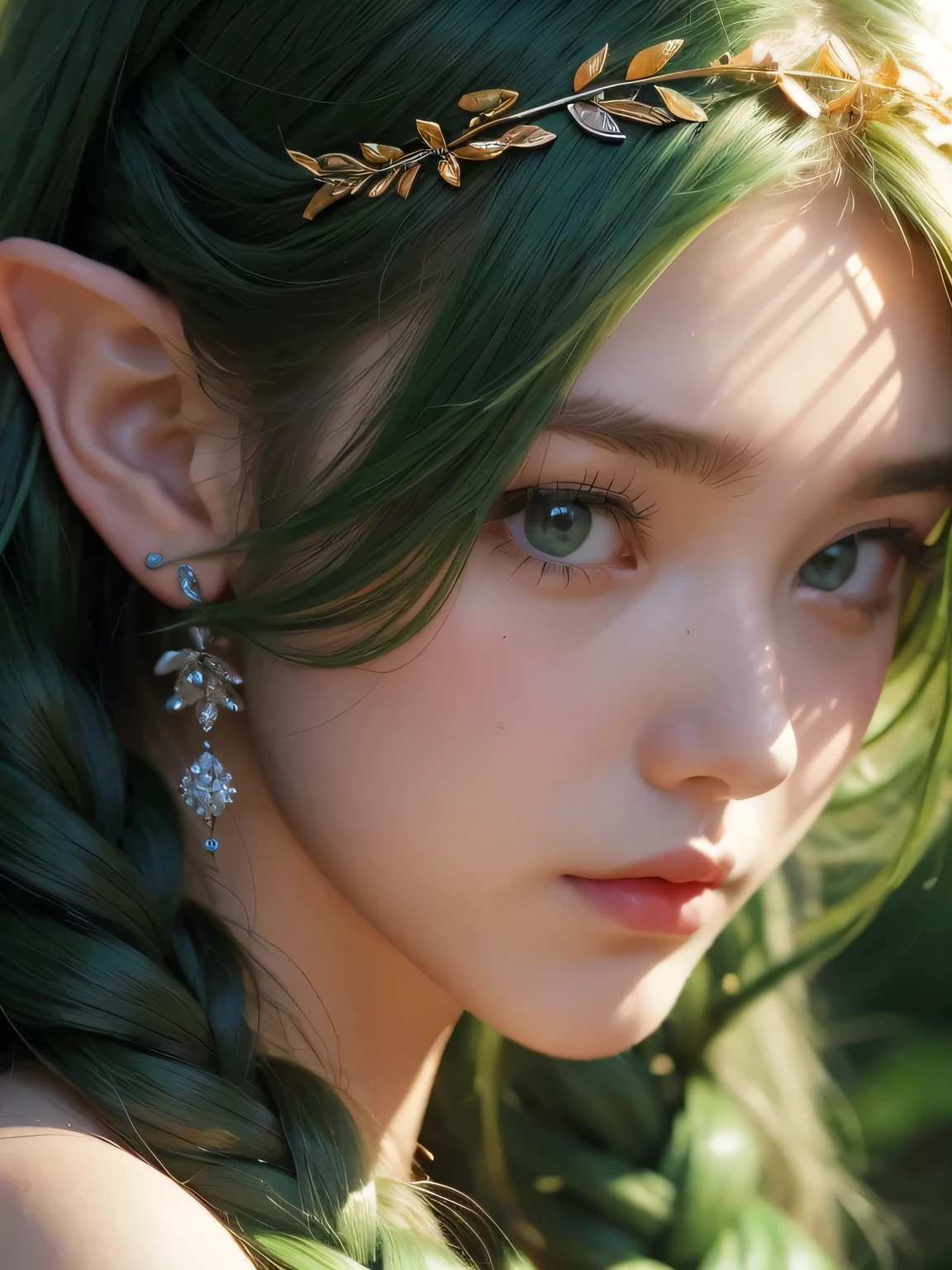A fascinating and mysterious sorcerer emerges from the depths of a magical forest..., wears elaborate robes woven with intricate mystical symbols. Dense trees々々Soft sunlight shines in, A mysterious appearance that radiates an enchanting shine. 彼女の目は古世generationの知恵と魔法で輝いています, Delicate ivy vines and bright flowers々々々Intertwined with her flowing hair. in the background, Inhabited by mythical creatures and forest spirits,clavicle、earrings、necklace、emerald green hair、green eyes、 1 girl, delicate eyes, double eyelid,, necklace、close up of face、close up of face、20generation、all green hair、green eyes、close up of face、elf ears、serious expression、Brown headband、Braid、random pose、naganami、