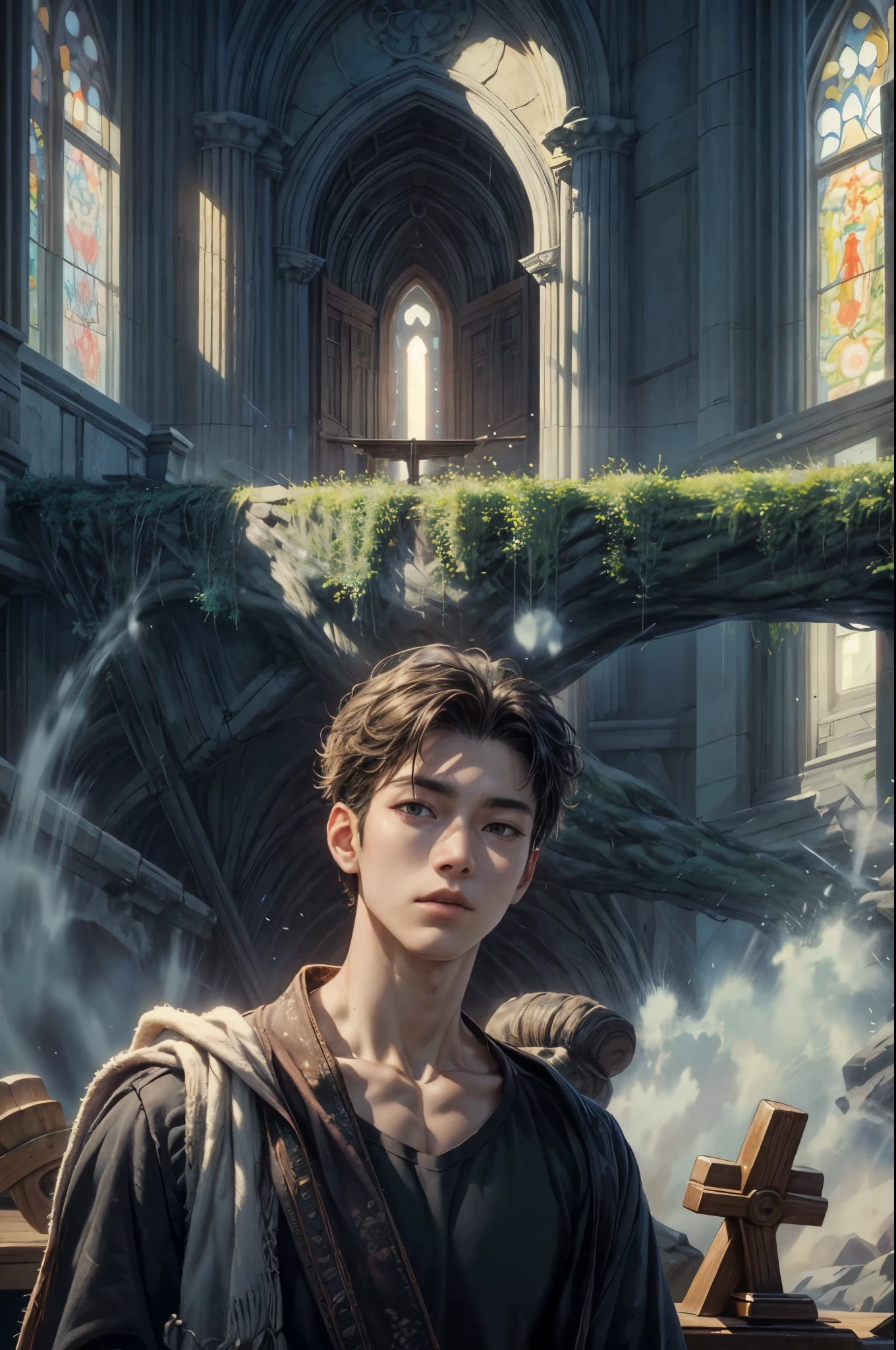 ((Best quality)), ((masterpiece)), (detailed), ((perfect face)), ((face focus)) Amidst a tranquil church, a handsome young korean boy and short hair, resides in a cozy cathedral beside the beach, where he channels his creative energy into capturing the enchanting harmony between church and his inner world beach. As day turns to night, the moonlight envelops his canvas, revealing a breathtaking masterpiece that embodies the essence of his soul's journey and the beauty he discovers within himself."