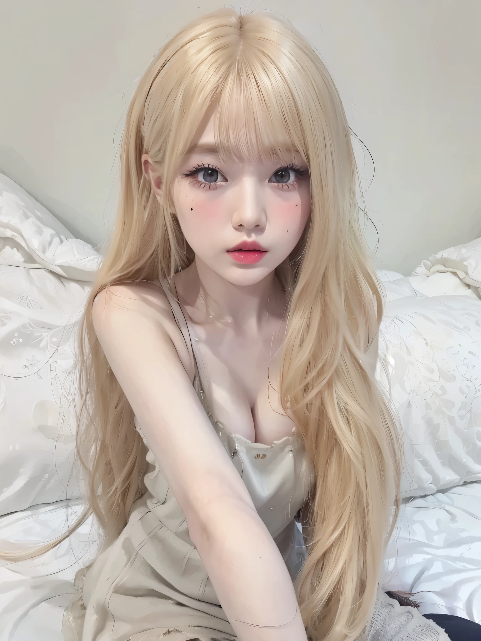 Chica rubia con pelo largo sentada en una cama, retrato realista kawaii, chica anime en la vida real, obra de arte al estilo de guweiz, anime fotorrealista, estilo anime realista 3d, anime semi realista, pelo largo y rubio y ojos grandes, chica anime joven realista, ig model | germen de arte, guweiz, dulce conejita ultrarrealista