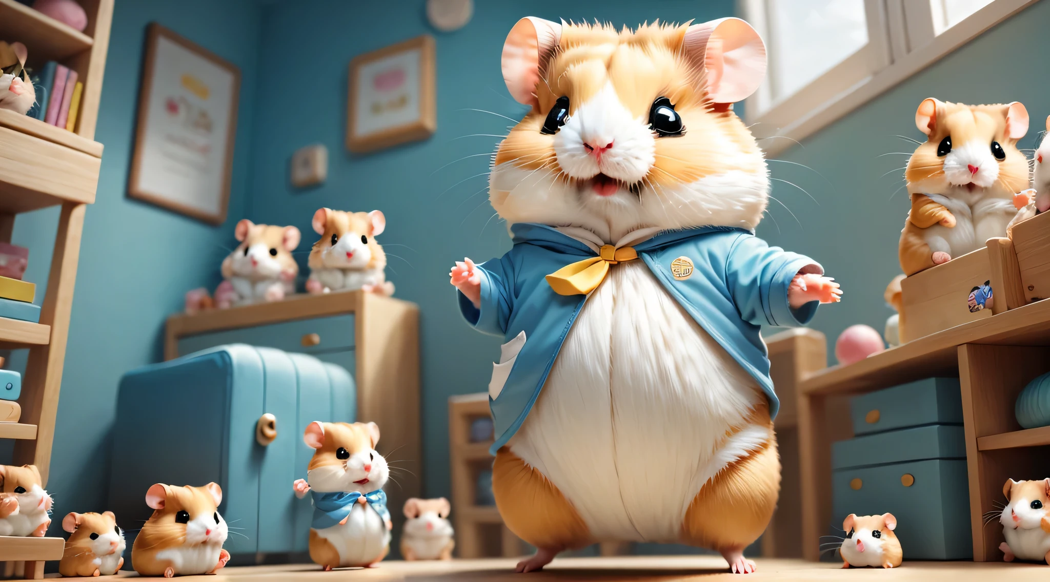 (hamster幼稚園),(dance),踊るhamster:Chibi,Kindergarten children,Kindergarten background,The kids&#39;toy,wall decorations made by children,children&#39;s room,masterpiece,highest quality,Fluffy hamsters,all displayed,Chibi,cute,超fun,fun,anatomically correct,The cutest hamster,,hamster,3D,8K