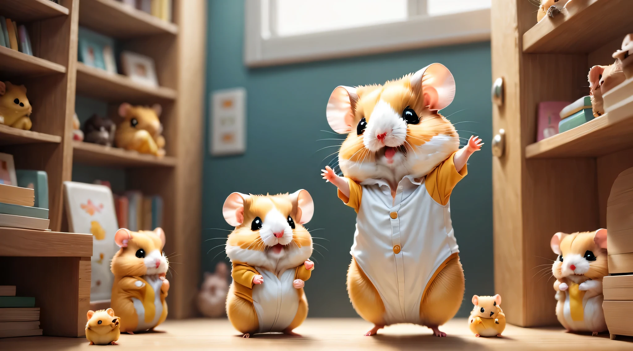 (hamster幼稚園),(dance),踊るhamster:Chibi,ergarten childergarten background,The kids&#39;toy,wall decorations made by children,children&#39;s room,masterpiece,highest quality,Fluffy hamsters,all displayed,Chibi,cute,超fun,fun,anatomically correct,The cutest hamster,,hamster,3D,8K