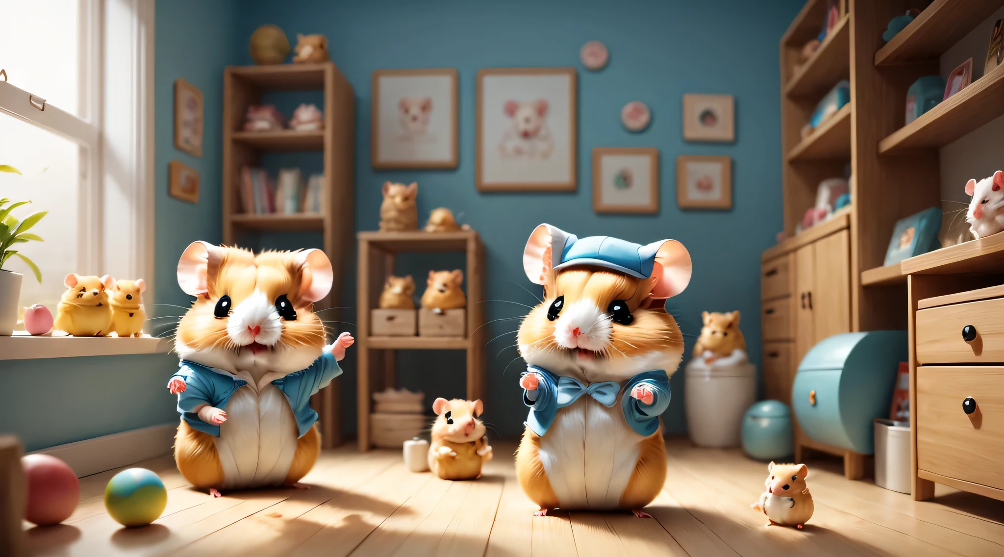 (hamster幼稚園),(dance),踊るhamster:Chibi,Kindergarten children,Kindergarten background,The kids&#39;toy,wall decorations made by children,children&#39;s room,masterpiece,highest quality,Fluffy hamsters,all displayed,Chibi,cute,超fun,fun,anatomically correct,The cutest hamster,,hamster,3D,8K