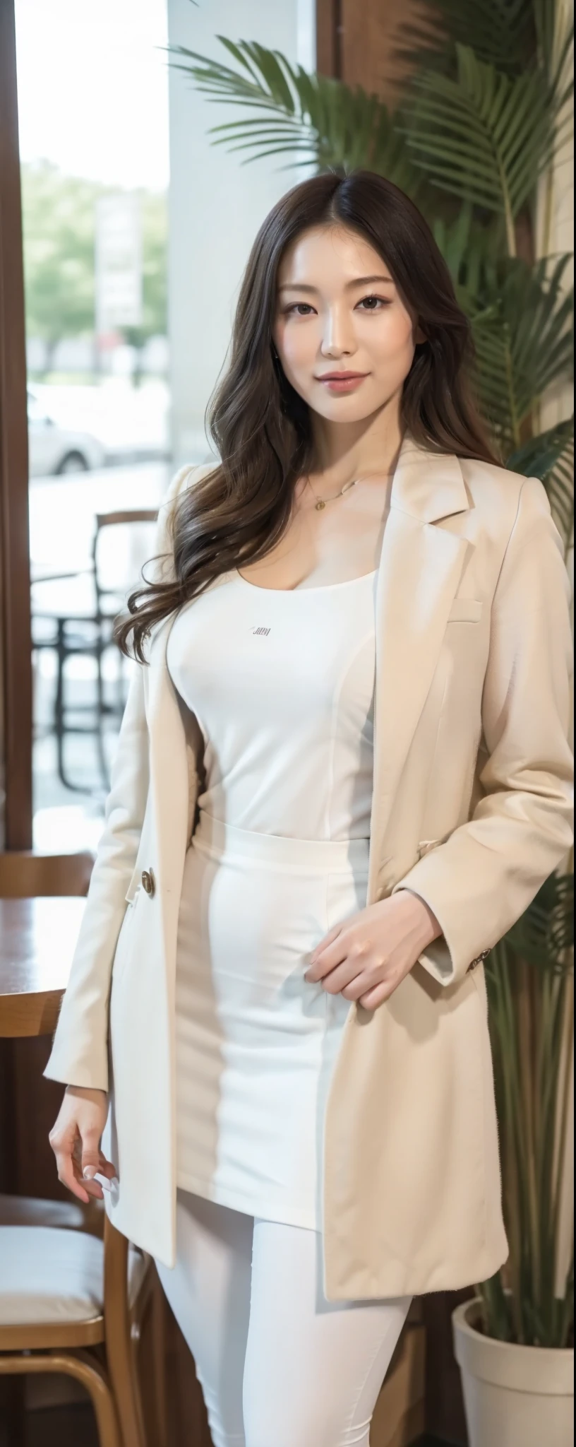 (8k, RAW photos, top quality, masterpiece: 1.2, ultra detailed, super resolution, real photos: 1.37), (Full body:1), 1 noble elegant Japanese lady, (standing contrapposte), spring season, ((pale color coodinate, wearing middle-size nouton coat, pale color skirt, legging, wearing pale color loafer)), Shiny, Smile, Looks like 1.7 meters tall, large pelvis, Large breasts, big cuvy hips, Thin waist, Long legs, skin hyper-detail, 20 years old, Perfect face, (Detailed facial features), Wavy hair, Daylight, spring season, snazzy cafe,