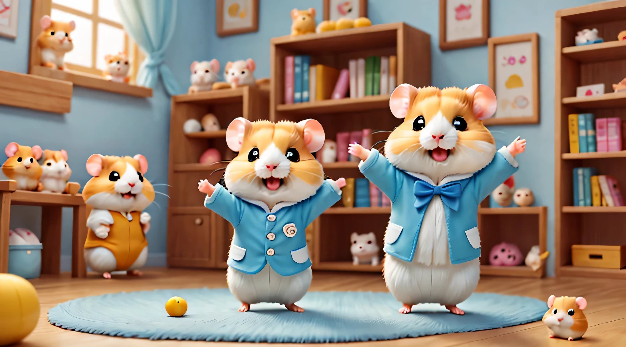 (hamster幼稚園),(dance),踊るhamster:Chibi,Kindergarten children,Kindergarten background,The kids&#39;toy,wall decorations made by children,children&#39;s room,masterpiece,highest quality,Fluffy hamsters,all displayed,Chibi,cute,超fun,fun,anatomically correct,The cutest hamster,,hamster,