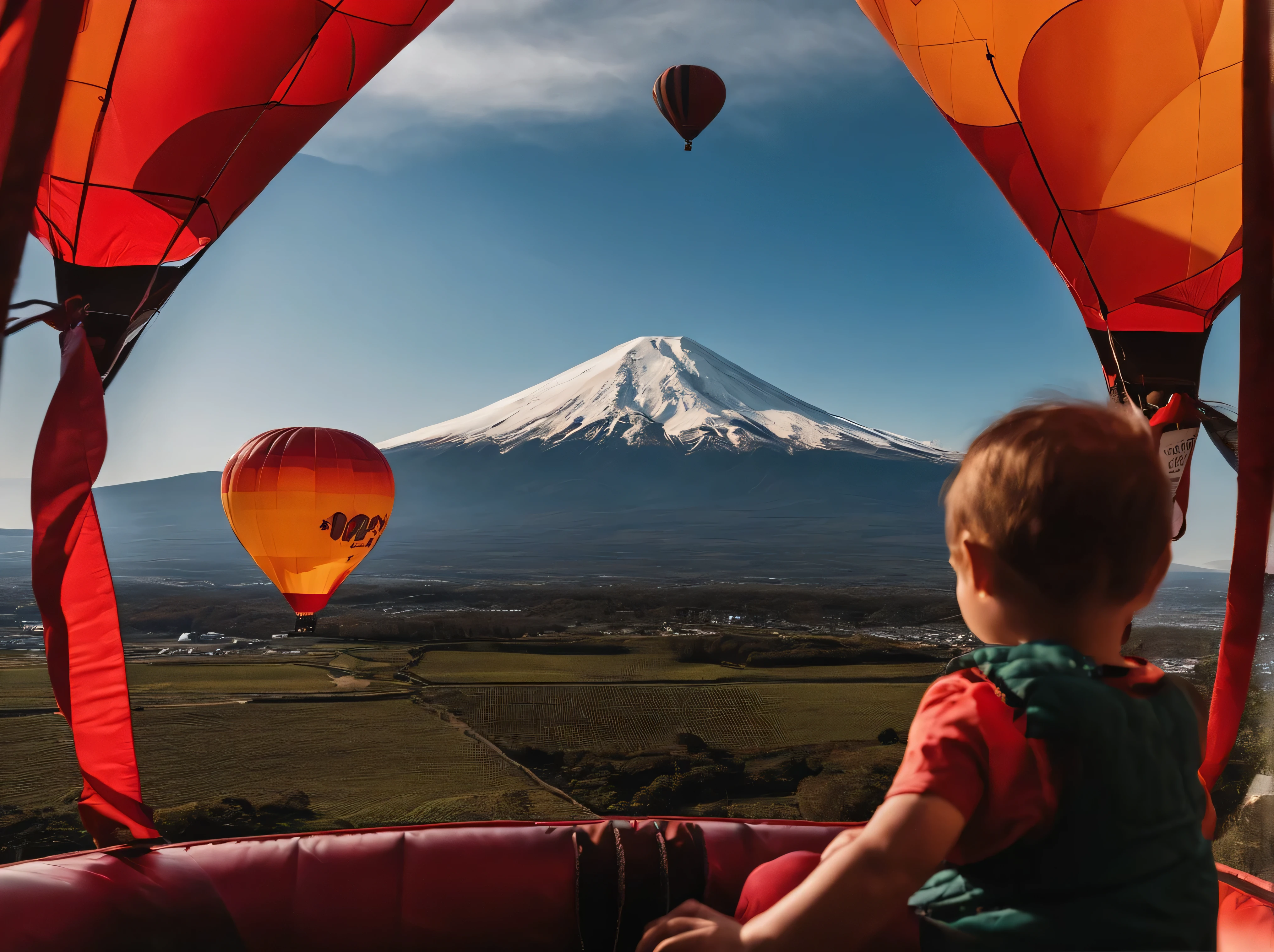 A child sits in the basket of a hot air balloon,人物half body shot,Hot air balloon floats over Mount Fuji in Japan,looking down camera,half body shot,The sky is clear,