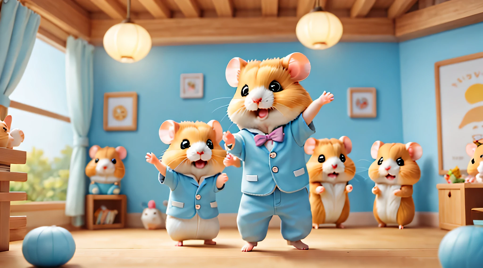 (hamster幼稚園),(dance),踊るhamster:Chibi,Kindergarten children,Kindergarten background,The kids&#39;toy,wall decorations made by children,children&#39;s room,masterpiece,highest quality,Fluffy hamsters,all displayed,Chibi,cute,超fun,fun,anatomically correct,The cutest hamster,,hamster,