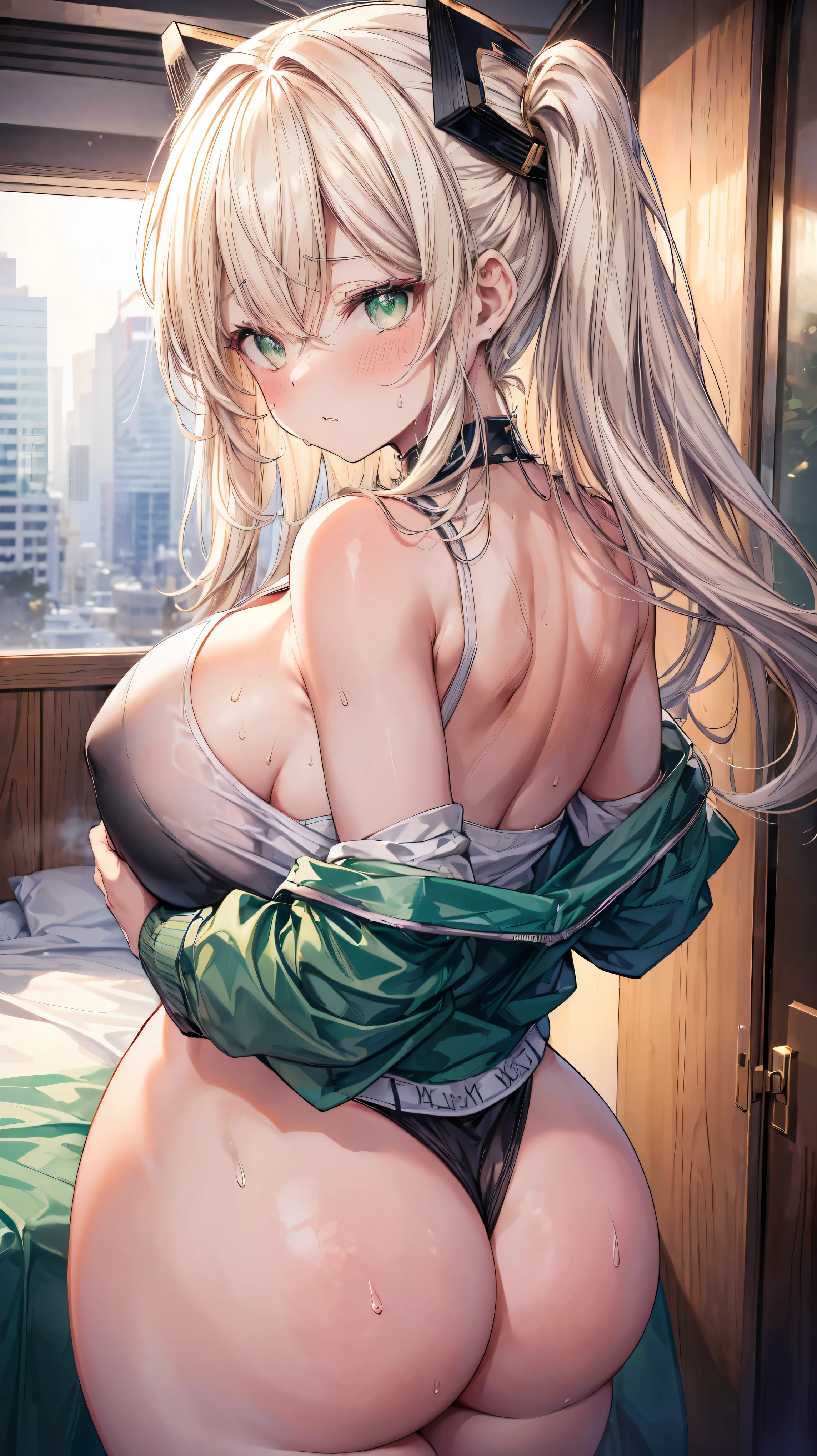 blonde wavy hair、cute anime face、thick thighs、8K、4k、highest quality、(High resolution:1.6)、noise reduction、((glowing green eyes、high detail eyes:1.5、Sweat、blush、open your mouth))、(SFW huge body:1.5)、(((model pose)))、(white calvin klein underwear)、(sexy back view、arched back、T-back that digs into your butt、emphasize the buttocks)