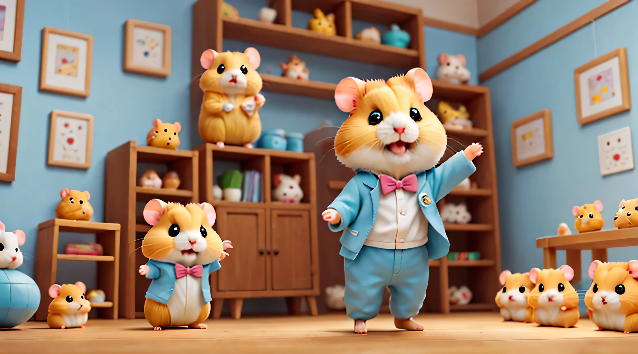 (hamster幼稚園),(dance),踊るhamster:Chibi,ergarten childergarten background,The kids&#39;toy,wall decorations made by children,children&#39;s room,masterpiece,highest quality,Fluffy hamsters,all displayed,Chibi,cute,超fun,fun,anatomically correct,The cutest hamster,,hamster,