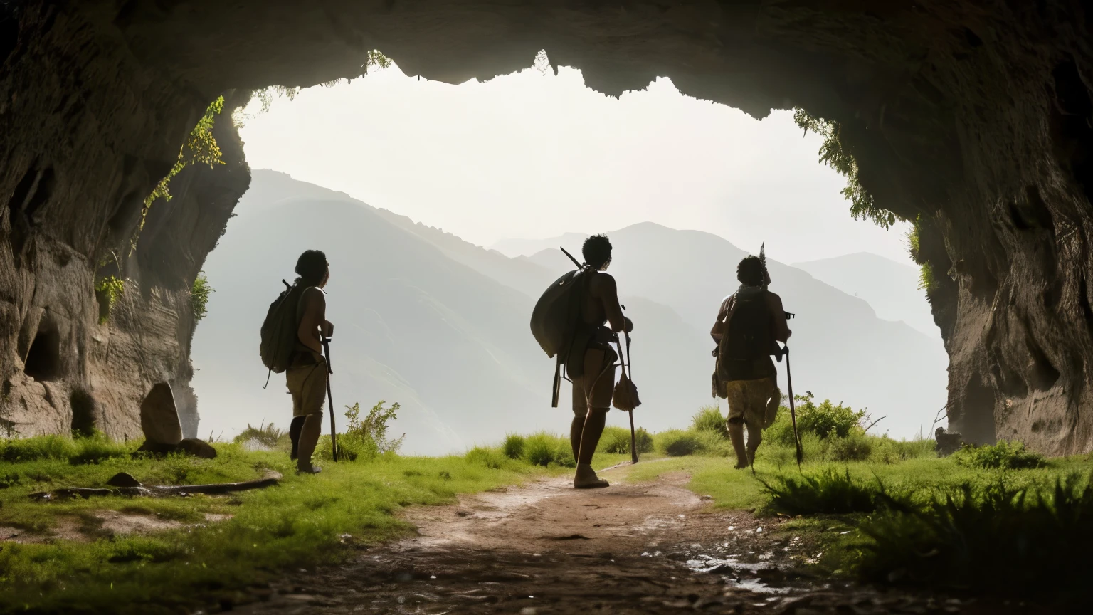 (top quality, best quality), paleolithic age, landscape, They live a very primitive life there, And they hunt using very primitive stone tools