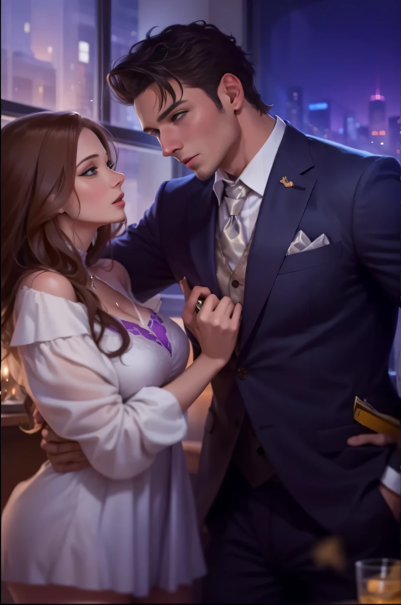 One is wearing a suit、Close-up of man wearing tie standing next to woman, romance novel cover, touch her clothes, romance book cover, Neatly dressed. sexy painting, charlie bowater style, Edmund Blair and Charlie Bowwater, guy in purple suit, charlie bowater and artgeem, romance book cover style