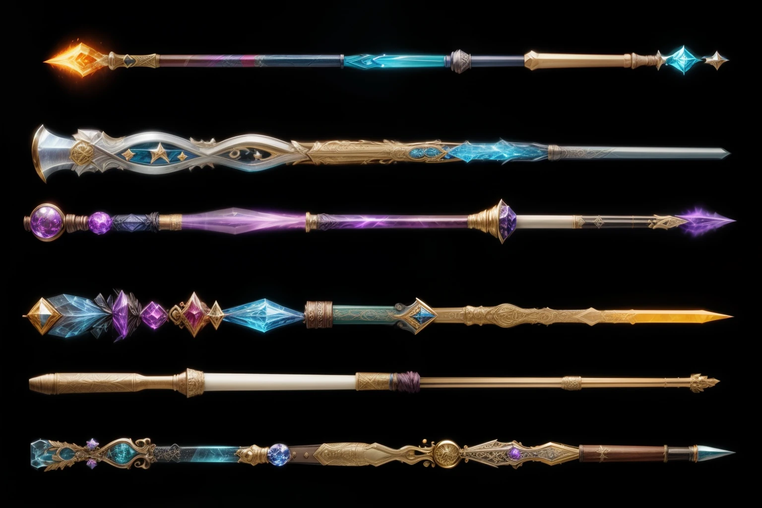 a close up of a bunch of different colored weapons on a black background, wands, wizard magic staff, magic staff, magic artifacs and magic weapons, wand, holding wands, magic wand, scepter, magical items, magic wooden staff, fantasy rpg weapon art, spears, holding wand, magic spells and weapons, fantasy weapon, epic fantasy weapon art