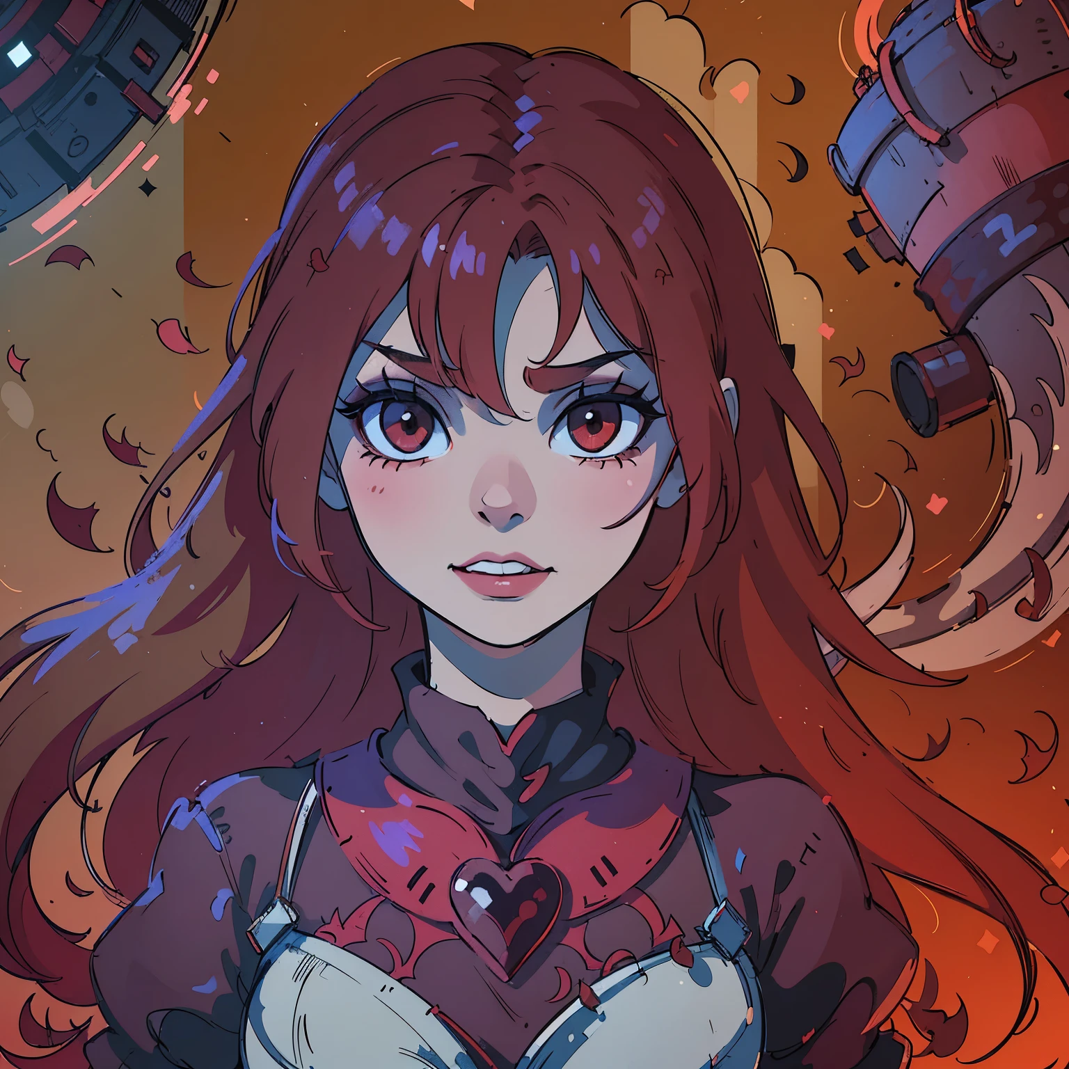 (best quality,4k,8k,highres,masterpiece:1.2),ultra-detailed,(realistic,photorealistic,photo-realistic:1.37),blood red hair,blood red eyes,extremely detailed eyes and face,lighter skin,vivid colors,dark shadows,dramatic lighting,gothic,horror,portrait,very red hair,beautiful nose,smile, Do not alter the hair fringe,Red lipstick, smile with beautiful teeth, Regular mouth not too big, A cruel genocidal villain with a sinister smile stands in a vibrant Wonderland. The girl possesses striking red hair and captivating red eyes, enhancing her beauty. She is adorned in a regal outfit befitting a princess, with a deck of hearts as her symbol. The anime-inspired art style brings out the cute yet powerful essence of the scene, emphasizing the contrast between innocence and darkness. The color scheme predominantly features shades of red, creating a visually striking and intense atmosphere. The lighting highlights the villain's face, casting mysterious shadows while illuminating their menacing grin. The artwork is of the highest quality, offering ultra-detailed and realistic visuals.