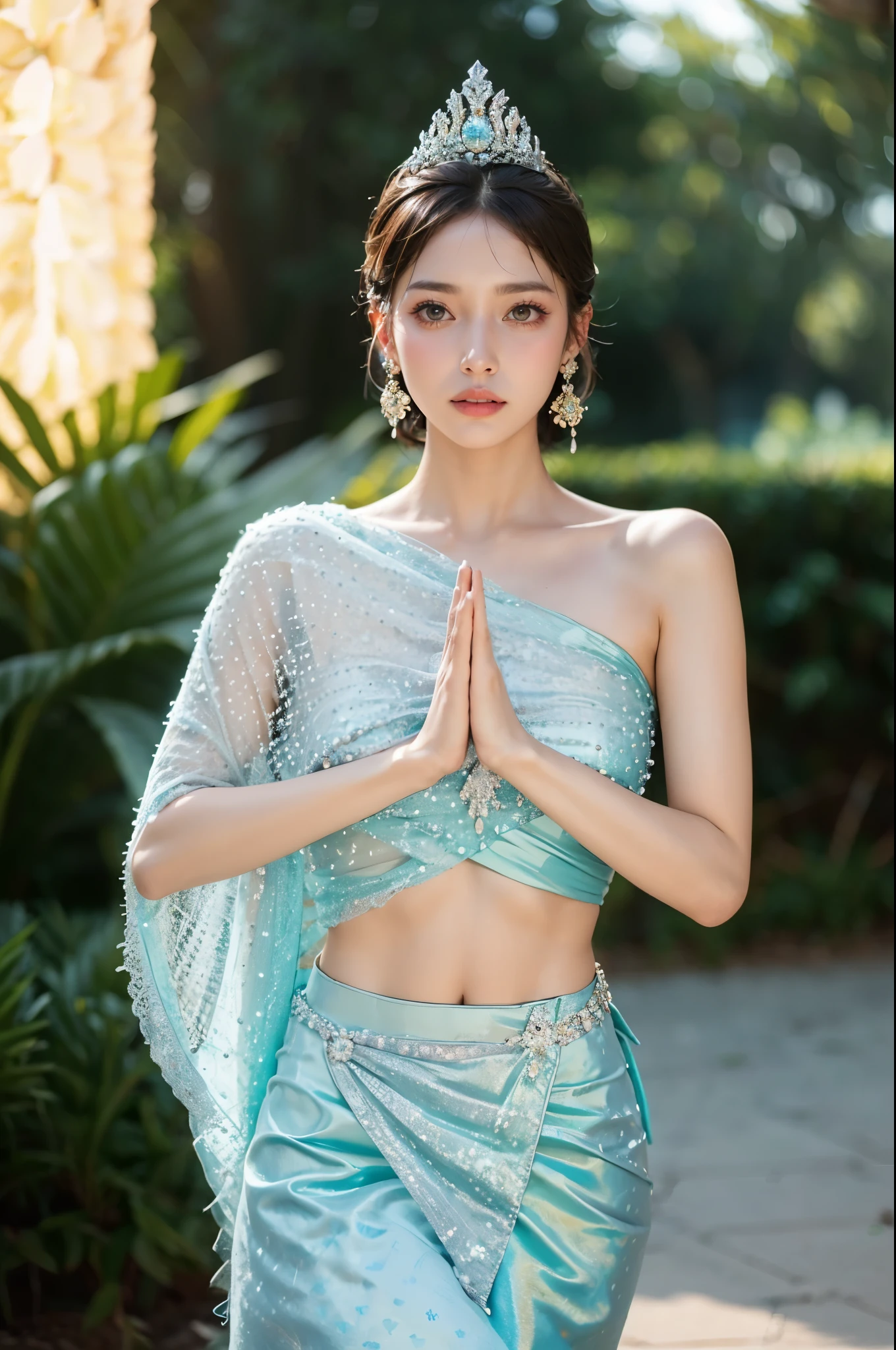 (masterpiece, best quality:1.2),1girl, black hair, blurry background, brown eyes, brown hair, depth of field, strapless dress,Silver Diamond Crown,Diagonal draped light gauze skirt,Chinese Dai ethnic clothing,Urban background,city, earrings, jewelry, lamp, lights, lips, midriff, own hands together, realistic, short hair, solo