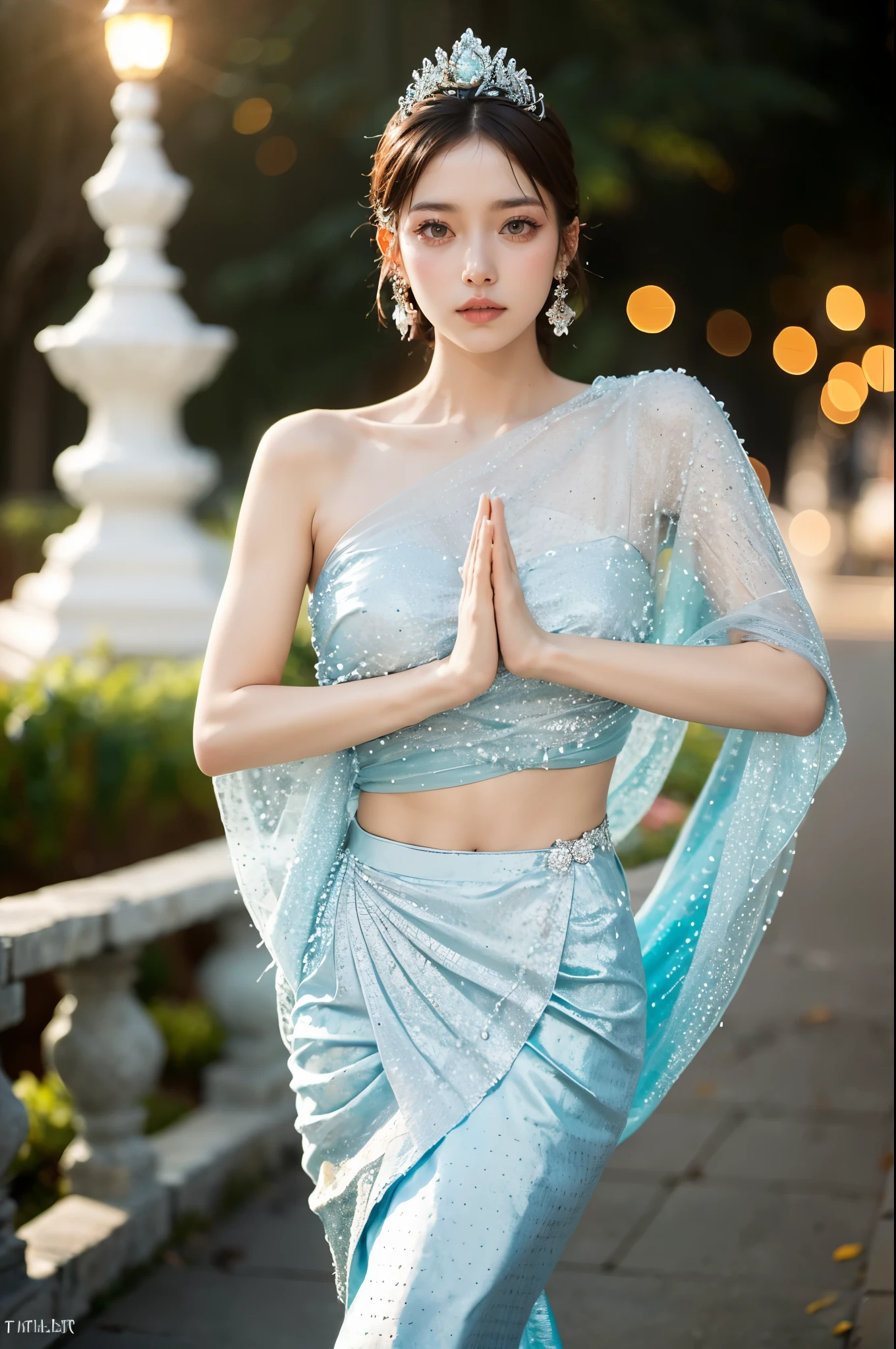 (masterpiece, best quality:1.2),1girl, black hair, blurry background, brown eyes, brown hair, depth of field, strapless dress,Silver Diamond Crown,Diagonal draped light gauze skirt,Chinese Dai ethnic clothing,Urban background,city, earrings, jewelry, lamp, lights, lips, midriff, own hands together, realistic, short hair, solo