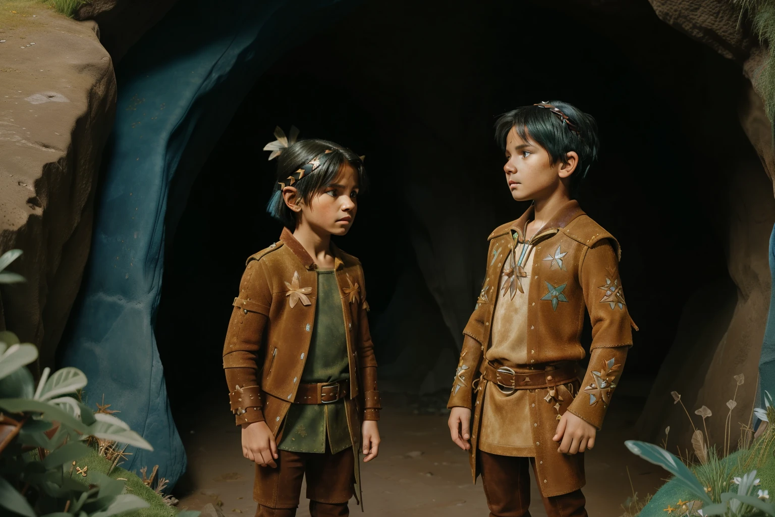 Fairytale Kingdom of Fantasia. ((((10-year-old)) Atreyu)), olive green skin, athletic, brave, wise, ((worried expression)), inside a magical cave, with a friend. ((((suede and leather indigenous clothings)))), ((blueish-black hairstyle)). 