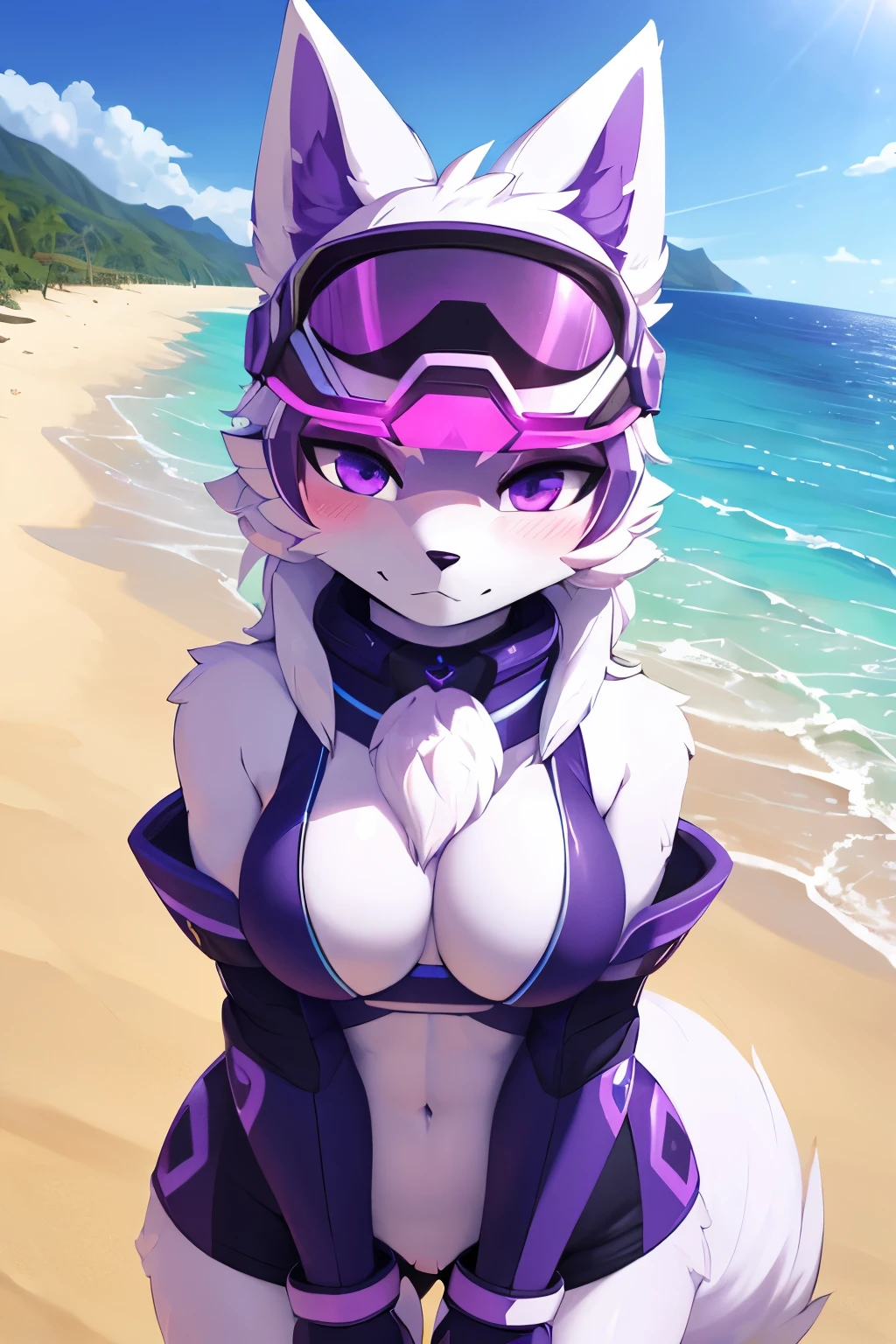 ((best quality, masterpiece, perfect anatomy, detailed picture)), 1female, arctic protogen, arctic fox, long visor, purple visor, purple eyes, sexy body, futuristic juggernaut equipment, fluffy tail, red blushing, shy, in the beach, front view