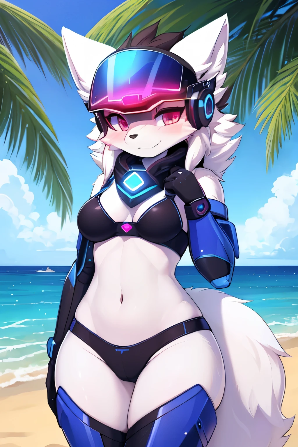 ((best quality, masterpiece, perfect anatomy, detailed picture)), 1female, arctic protogen, arctic fox, long visor, blue visor, ruby eyes, sexy body, futuristic juggernaut equipment, fluffy tail, red blushing, shy, in the beach, front view