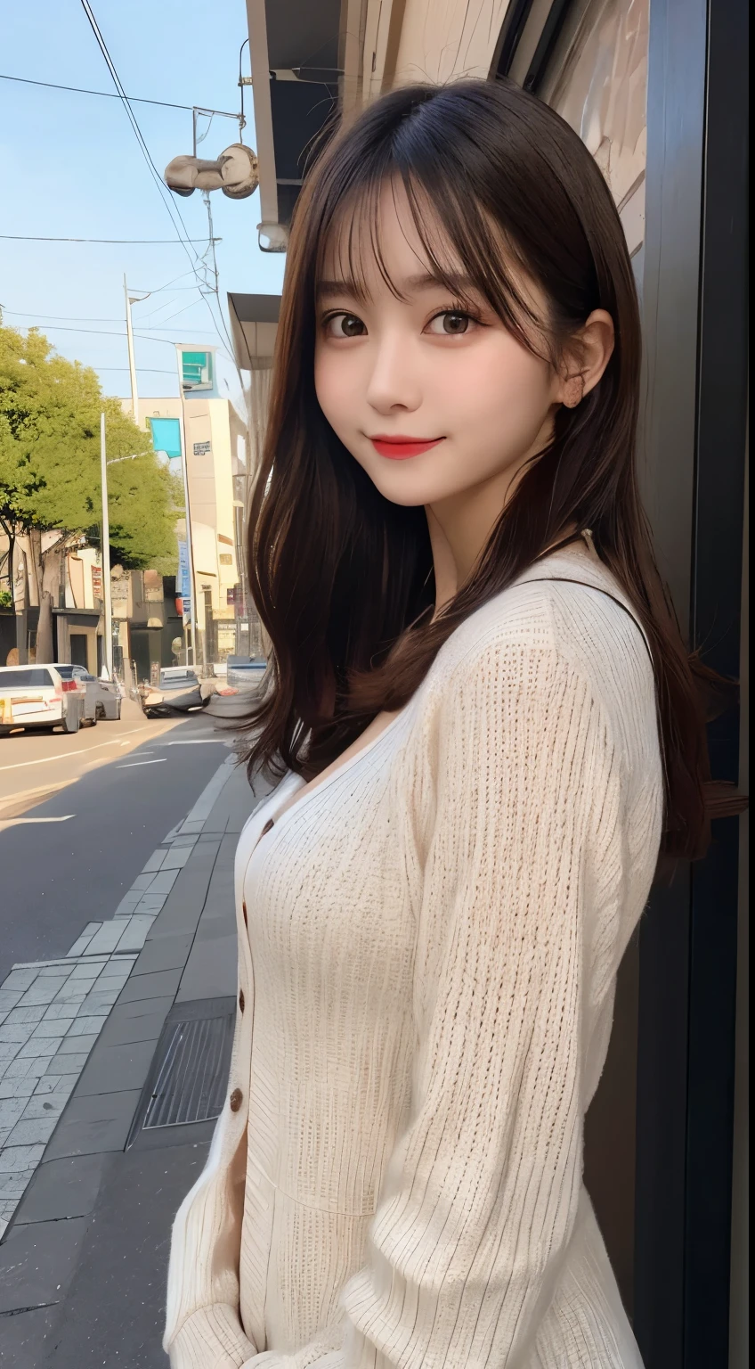 table top, highest quality, shape, Super detailed, finely, High resolution, 8k wallpaper, 完璧なダイナミックな構shape, beautiful and detailed eyes, small breasts, natural color lip, random sexy pose,smile,big city、20 year old girl、midnight、Beautiful and dense face、perfect and beautiful face,Big eyes、real photos（best image quality）,long dress dress（long sleeve）、cardigan、blouse、flare skirt