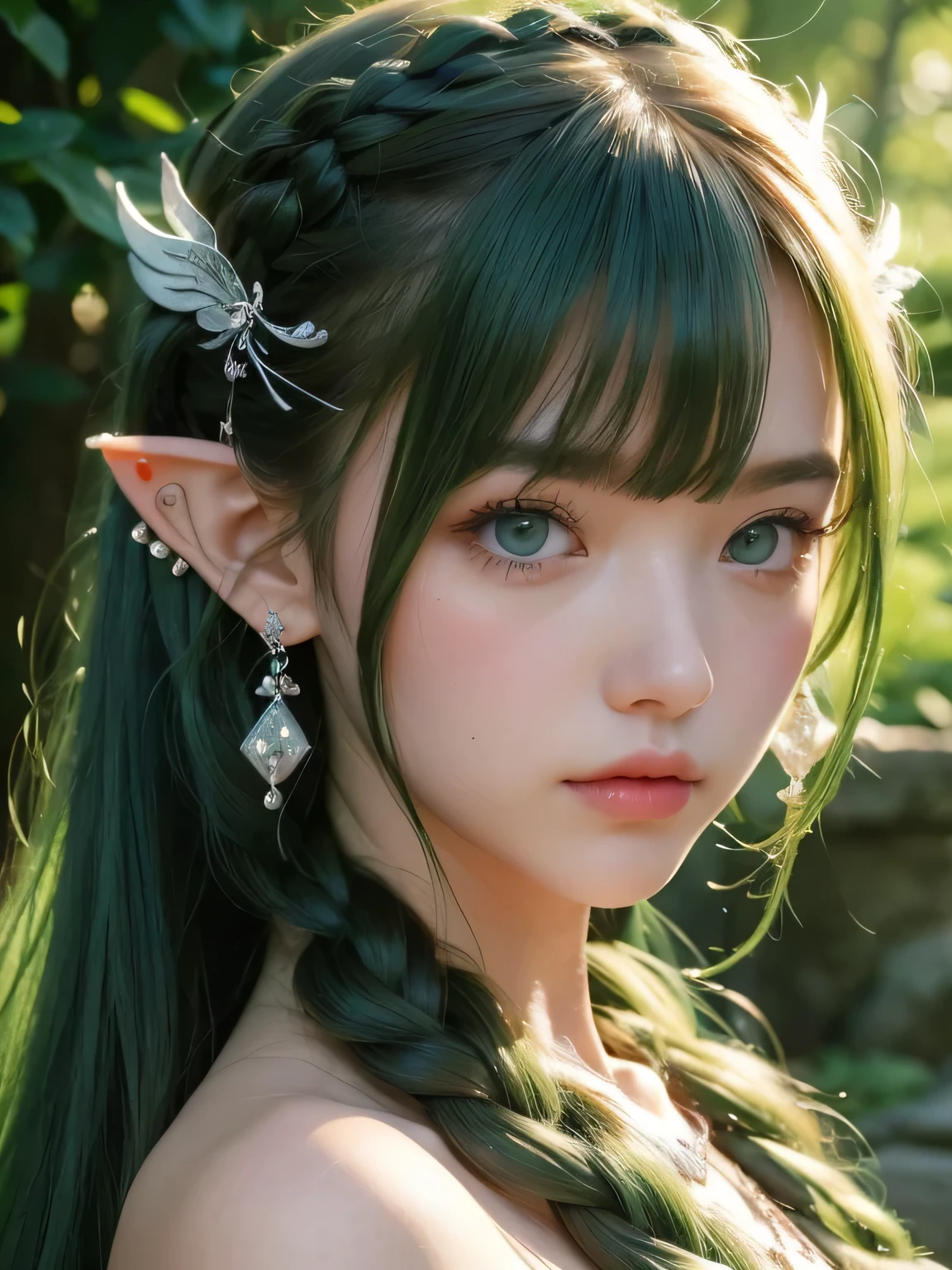 A fascinating and mysterious sorcerer emerges from the depths of a magical forest..., wears elaborate robes woven with intricate mystical symbols. Dense trees々々Soft sunlight shines in, A mysterious appearance that radiates an enchanting shine. 彼女の目は古世generationの知恵と魔法で輝いています, Delicate ivy vines and bright flowers々々々Intertwined with her flowing hair. in the background, Inhabited by mythical creatures and forest spirits,clavicle、earrings、necklace、emerald green hair、green eyes、 1 girl, delicate eyes, double eyelid,, necklace、close up of face、close up of face、２０generation、all green hair、green eyes、close up of face、elf ears、serious expression、Brown headband、Braid、random pose、twin tails、green lipstick、
