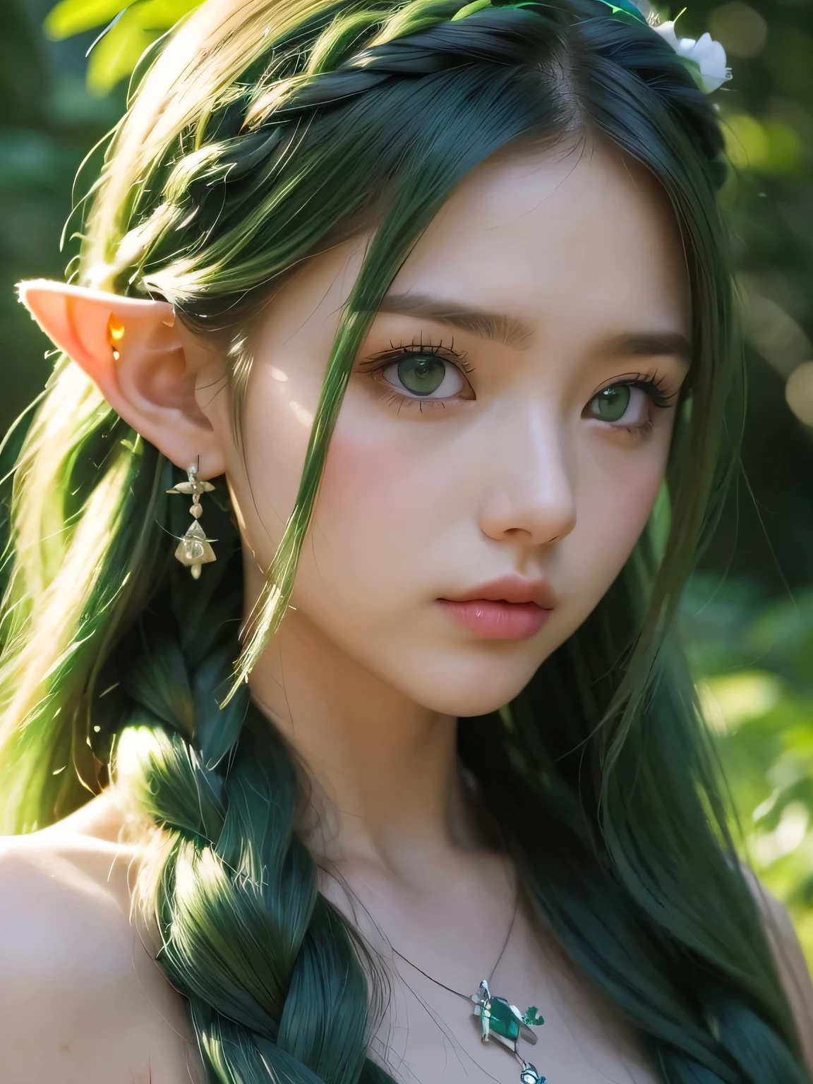 A fascinating and mysterious sorcerer emerges from the depths of a magical forest..., wears elaborate robes woven with intricate mystical symbols. Dense trees々々Soft sunlight shines in, A mysterious appearance that radiates an enchanting shine. 彼女の目は古世generationの知恵と魔法で輝いています, Delicate ivy vines and bright flowers々々々Intertwined with her flowing hair. in the background, Inhabited by mythical creatures and forest spirits,clavicle、earrings、necklace、emerald green hair、green eyes、 1 girl, delicate eyes, double eyelid,, necklace、close up of face、close up of face、20generation、all green hair、green eyes、close up of face、elf ears、serious expression、Brown headband、Braid、random pose、twin tails、green lipstick、