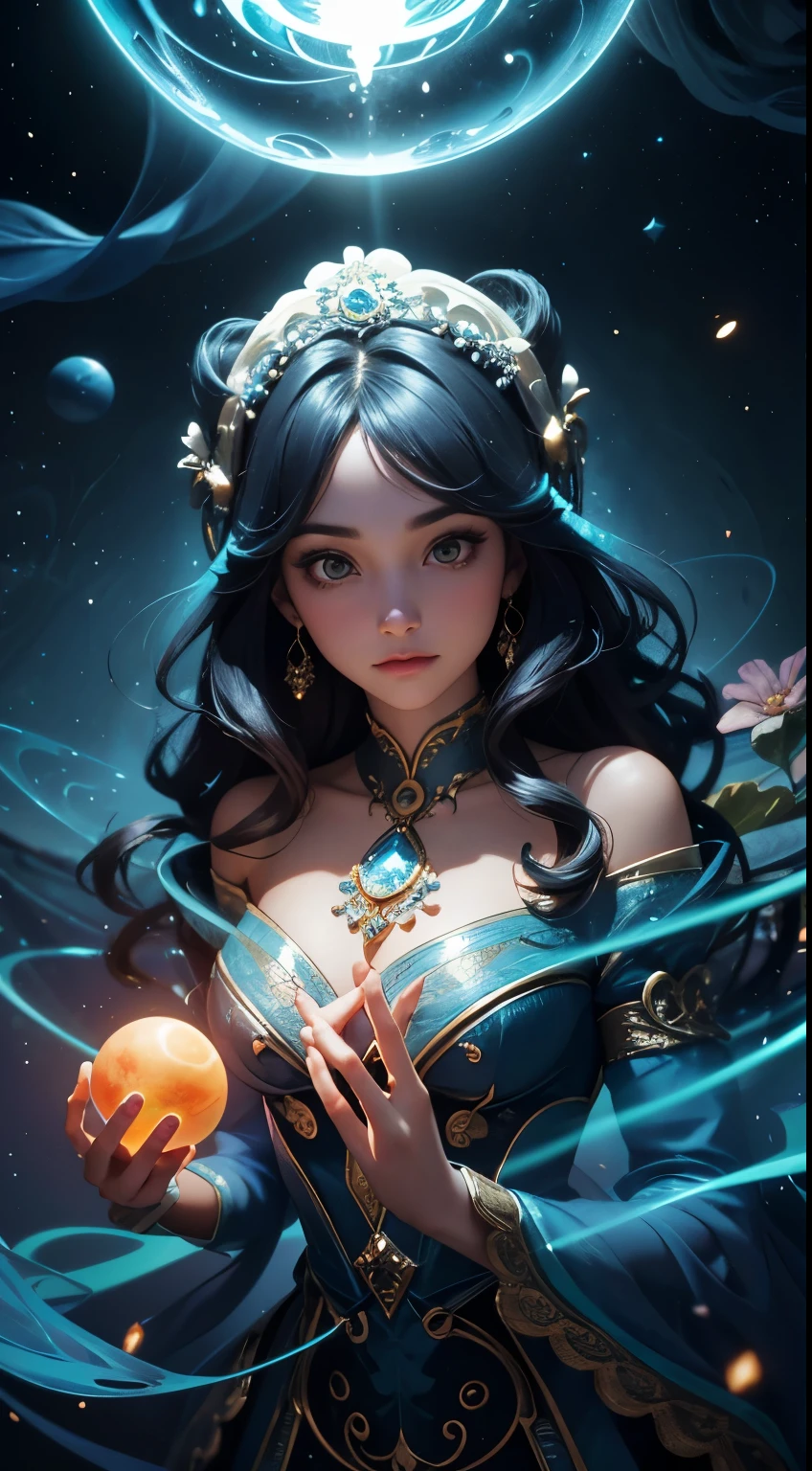 all the planets of the universe all the flowers of the sea all the beauty of this glowing earth for one for you and me. In the midst of a rococo-inspired mysterious singularity event in a still, beautiful woman perfect four fingers, swirls of ethereal mist dance around a suspended crystal orb emitting a soft, pulsating light. This enigmatic scene is captured in a vividly detailed painting, showcasing intricate brushwork and rich, vibrant colors. The orb itself exudes an otherworldly luminosity, casting a mesmerizing glow that seems to transcend the confines of the canvas. Surrounding the orb, delicate tendrils of energy reach out like spectral fingers, creating an atmosphere of supernatural wonder and intrigue. The overall effect is one of awe-inspiring beauty and mystique, drawing the viewer into a realm where magic and science intertwine in perfect harmony.