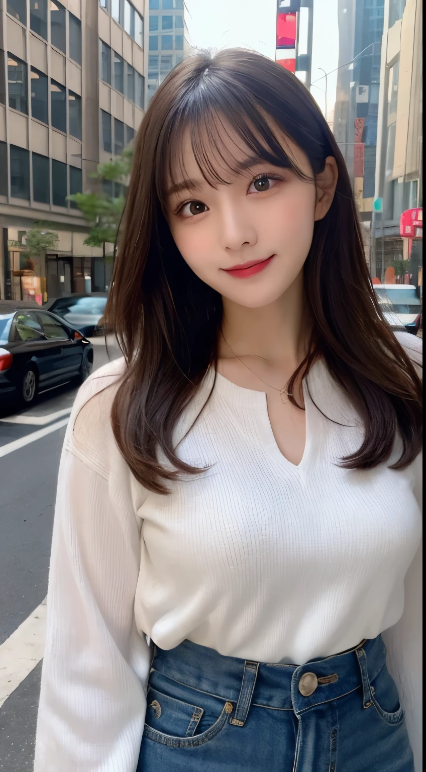 table top, highest quality, shape, Super detailed, finely, High resolution, 8k wallpaper, 完璧なダイナミックな構shape, finelyて美しい目, medium hair, small breasts, natural color lip, random sexy pose,smile,20 year old girl、Beautiful and dense face、perfect and beautiful face,Big eyes、Blurred big city background、long sleeve blouse、flare skirt